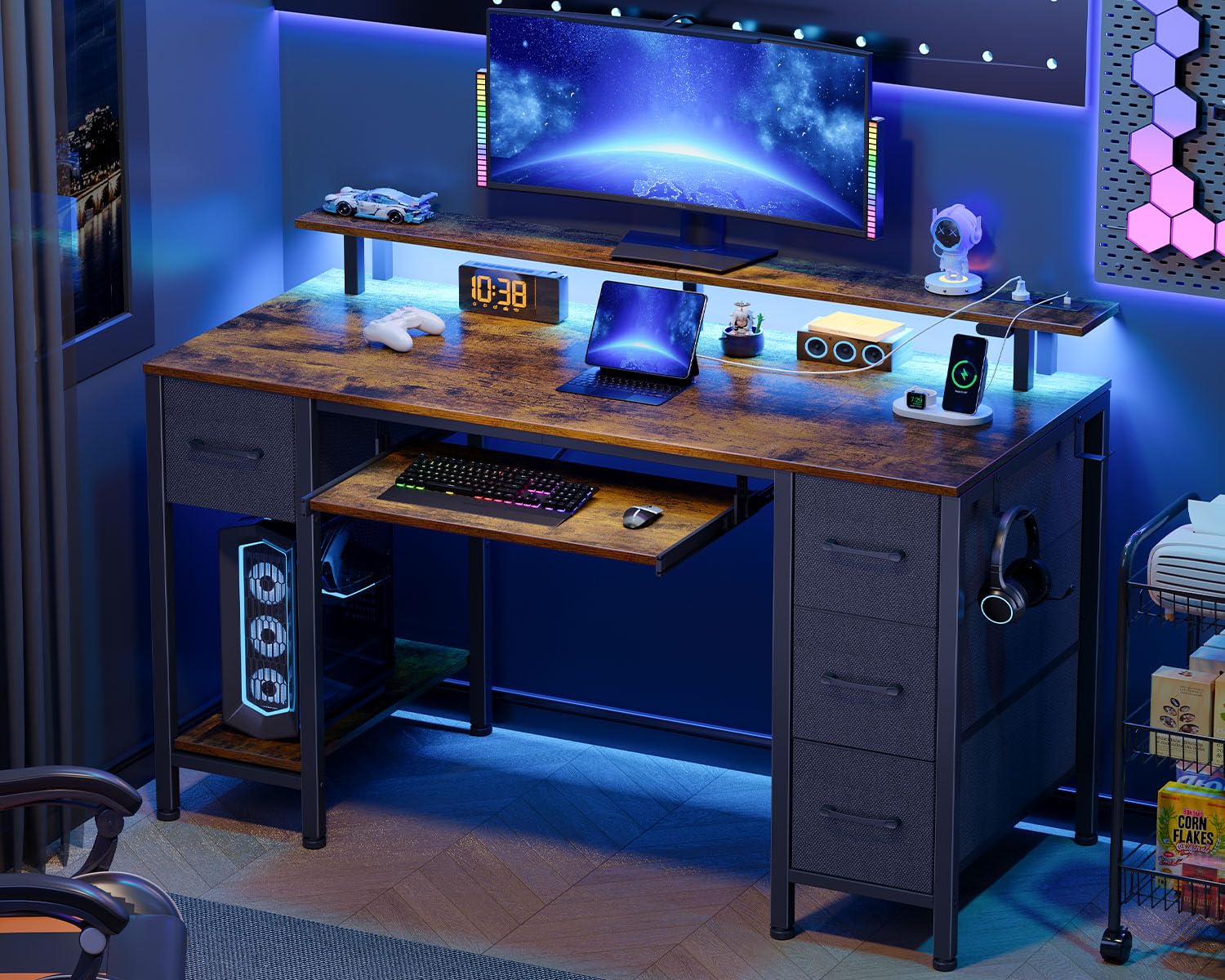 Seventable Computertisch 120 cm mit LED-Leuchten und Steckdosen, Home-Office-Schreibtisch mit 4 Schubladen, Schreibtisch mit Tastaturablage, Arbeitsschreibtisch mit Monitorständer (Vintagebraun)