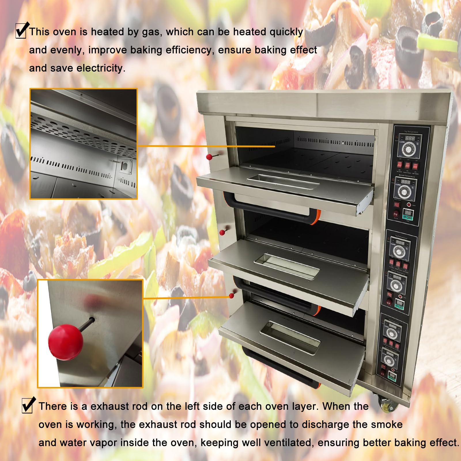 Horno de pizza comercial Máquina de hornear de Piza de calefacción de gas de 3 capas con 6 placas 110V 300W Horno de acero inoxidable para restaurantes Panaderías 0-99min 32.0 °F-752.0 °F 4