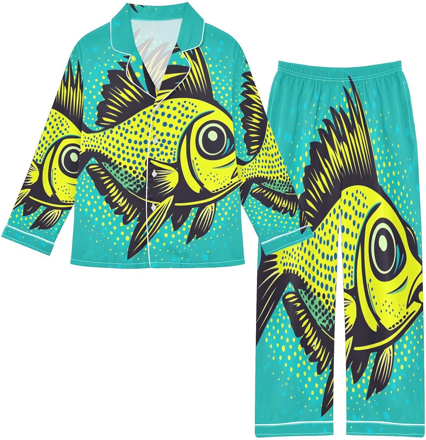 Button Up Satin Pajamas Set Fish Novelty Cartoon Yellow Long Sleeve Sleepwear 2 Piece Pjs Set 5-14 Years