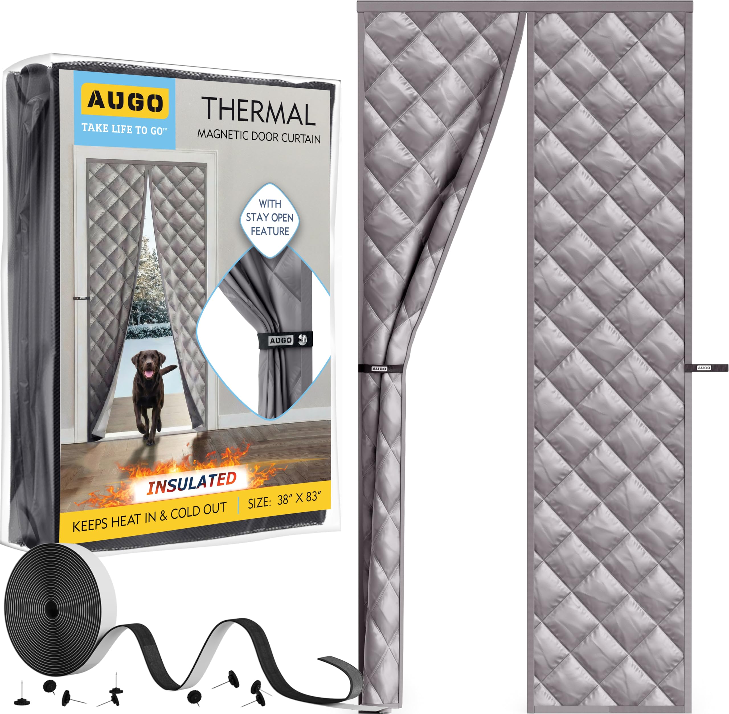 AUGO Thermal Door Curtain - Thermal Door Cover for Winter - Magnetic Thermal Insulated Door Curtain for Winter - Winter Door Insulation - Keeps Warm Air in &amp; Cold Air Out - Home Winterizing Products