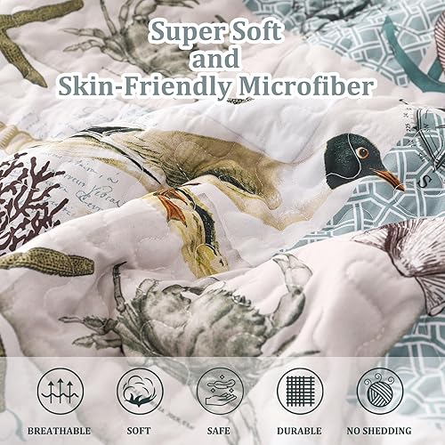 Miniatura 6 de Djoymock Juego de edredón de 3 piezas de coral costero, colcha de microfibra ligera y acogedora para todas las estaciones (96 x 90 pulgadas)