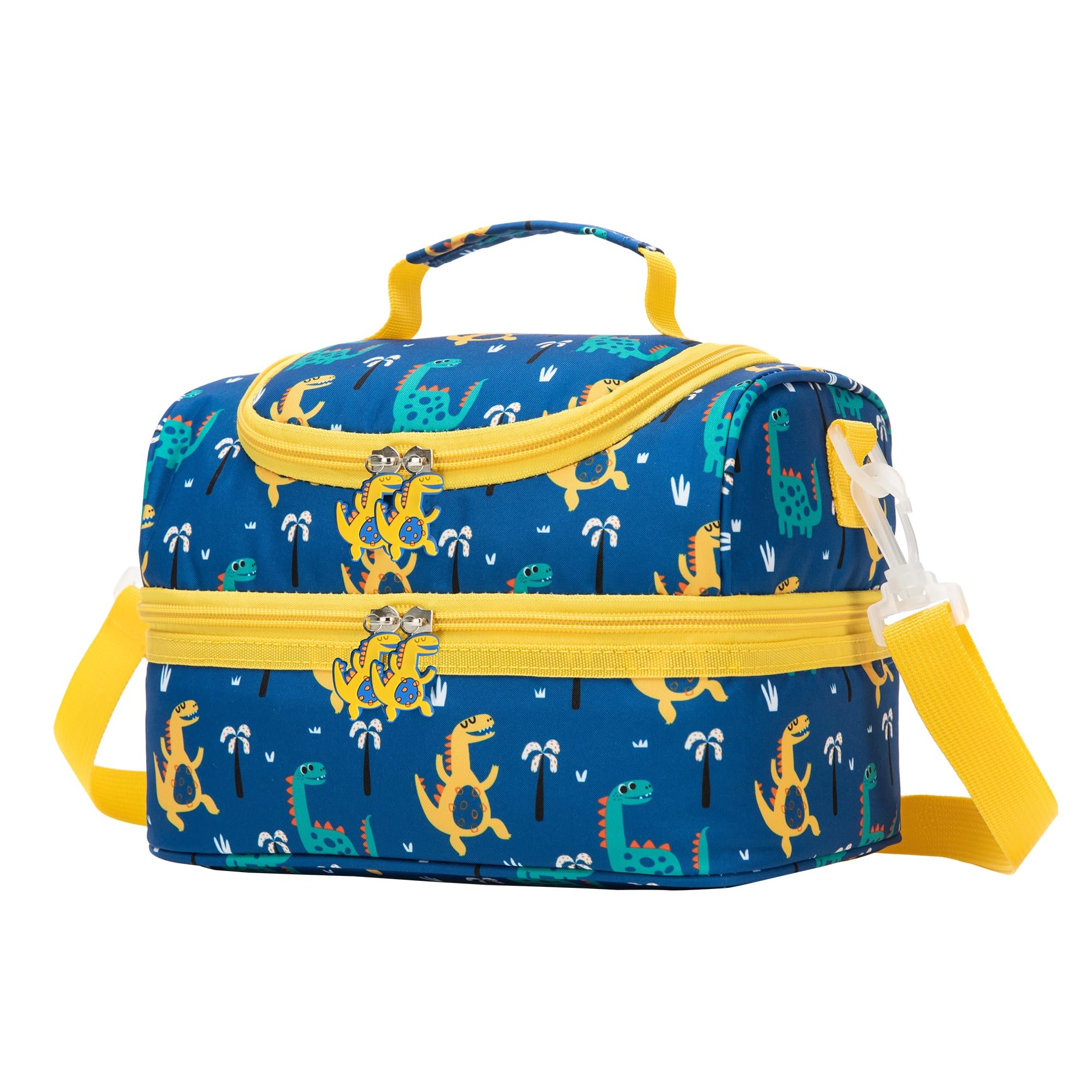 Insulated Kids Dual Compartment Lunch Bags Tote for Boys Toddler Kindergarten School Double Decker Cooler Boxes with Shoulder Strap Yellow Dinos