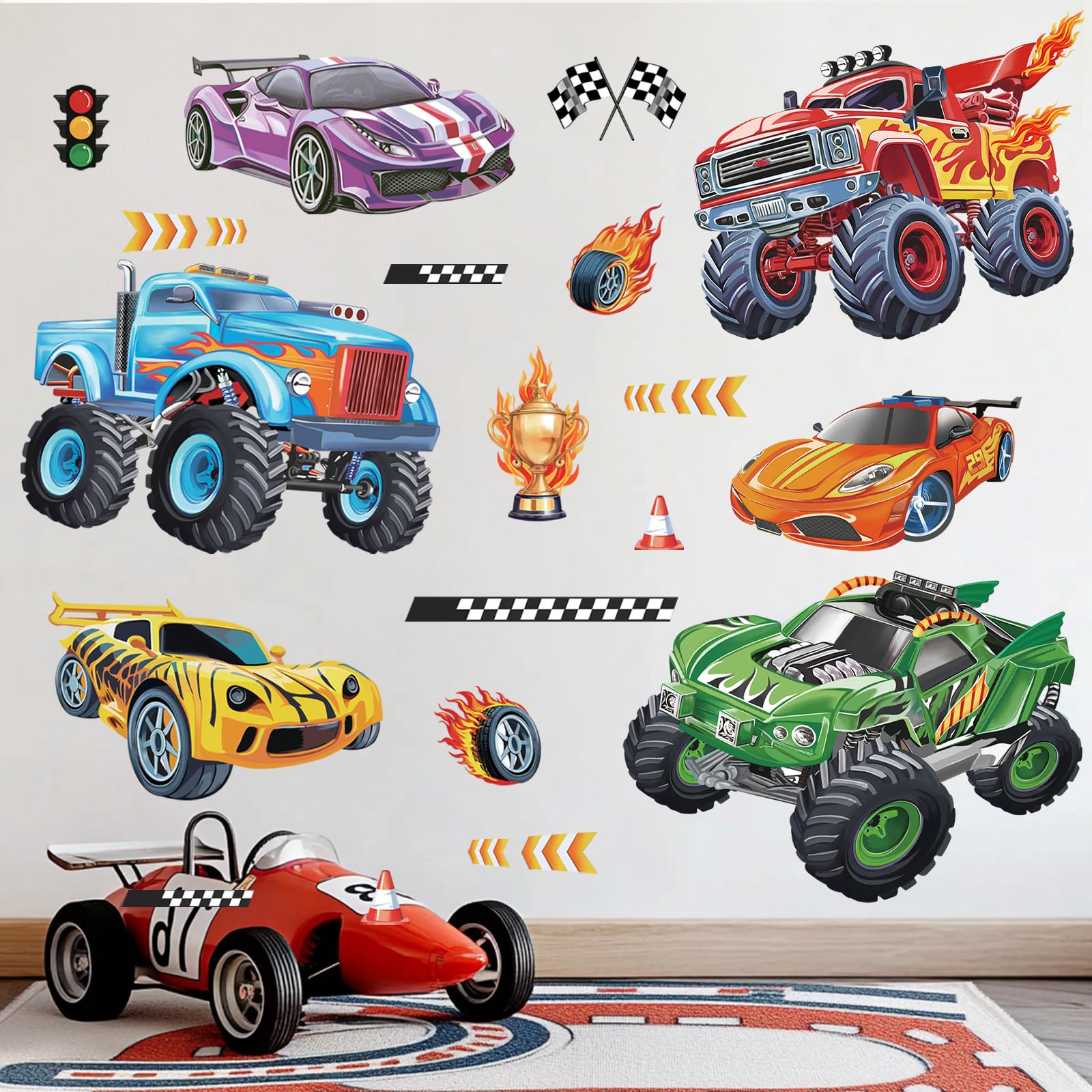 wondever Racing Car Wall Stickers Trucks Vehicles Roads Peel and Stick Wall Art Decals for Kids Bedroom Boys Room Playroom