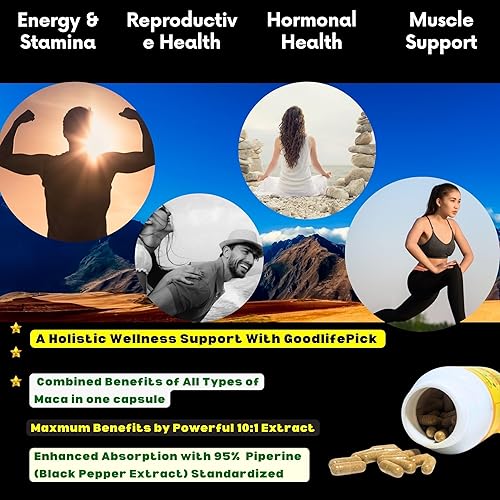 Miniatura 6 de Cápsulas de raíz de maca peruana con pimienta negra, 150 ct. Maca amarilla premium, maca roja y maca negra roja. Extracto de maca equivalente a
