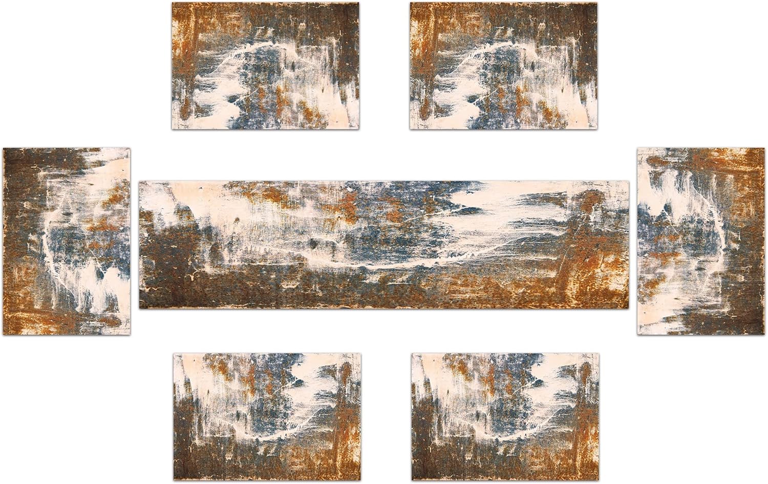 Rust Table Runner and Place Mats Set of 6 Abstract Blue and Brown Metal Steel Iron Rusty Stain Linen Dining Mat Sets Washable Vintage Splash Messy for Home Table Decorations 108 Inches Long