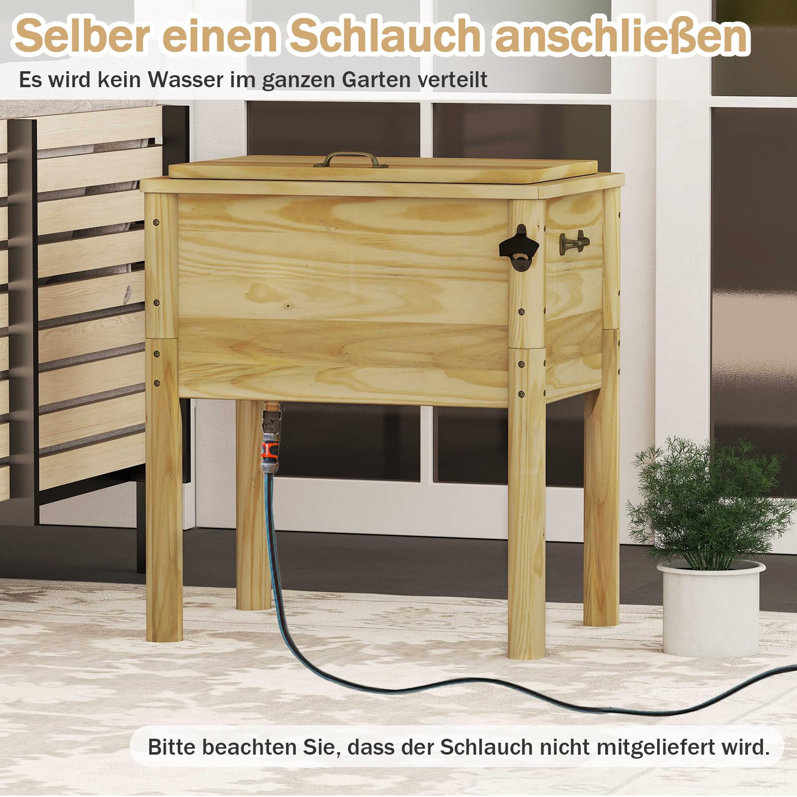 COSTWAY Getränkekühler Holz, 51 L Outdoor-Terrassenkühler mit 3 Griffen & Flaschenöffner, rustikale Eistruhe mit Abflussverschluss für Garten, Terrasse, Pool, Party, BBQ Cookouts, 67 x 47 x 74 cm