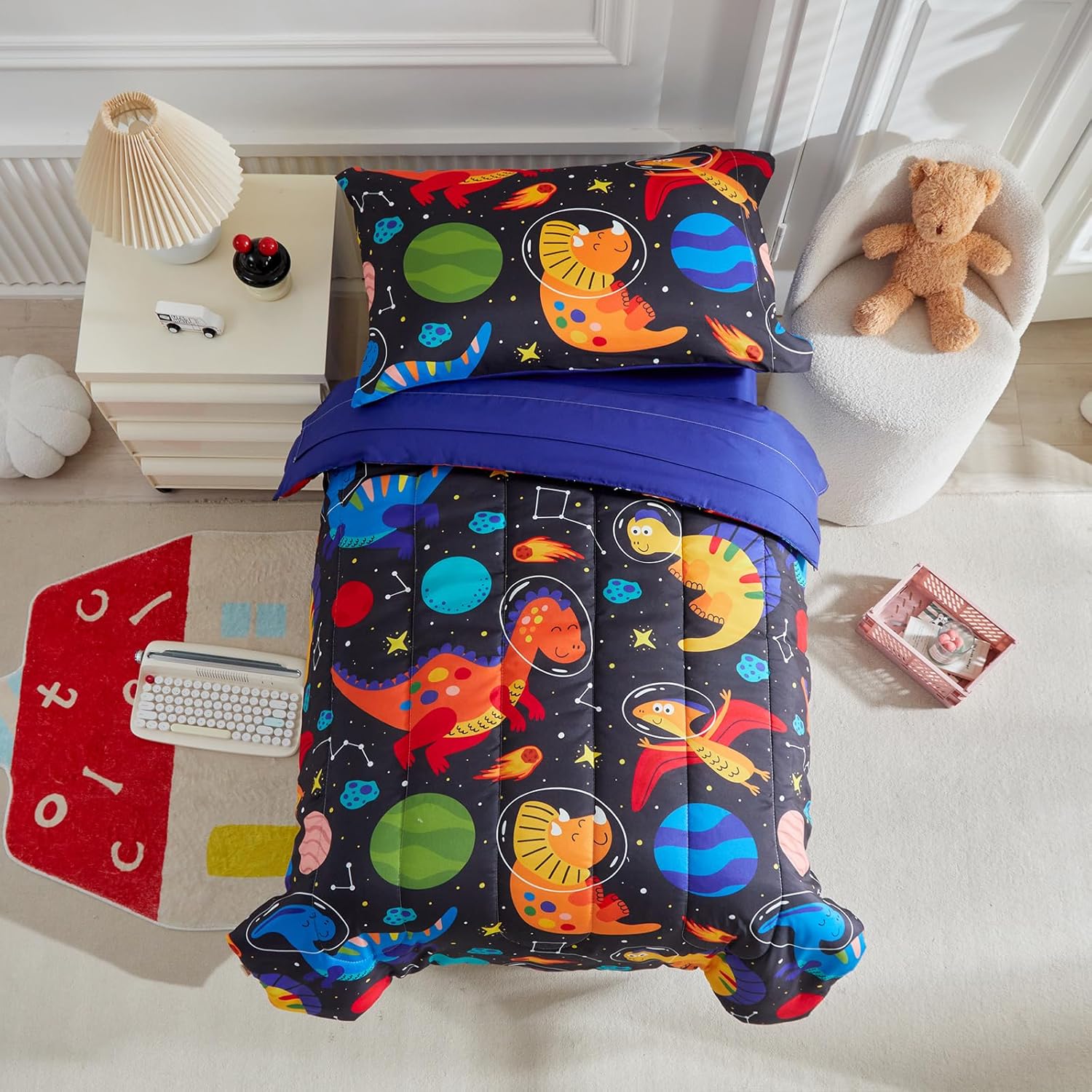 Kids Comforter Sheet Set - Soft and Breathable Bed Set Includes Quilted Comforter, Fitted Sheet, Flat Top Sheet, Pillowcase and Toddler Pillowcase - 4 Pieces Toddler Bedding Set Navy Space Dinosaur