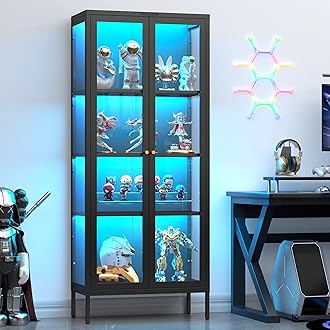 UNICOLY Display Cabinet with Glass Doors, Glass Display Cabinet with 8 Color LED Lights, Curio Display Cabinet with 3 Shelves for Living Room, Plant, Display Shelf, Assembly Required, Black