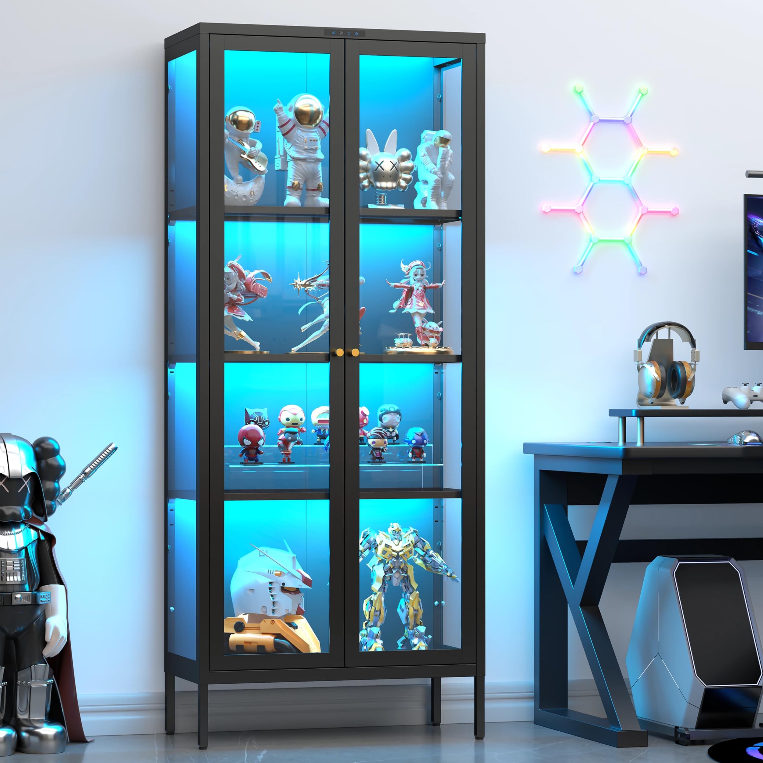 UNICOLY Display Cabinet with Glass Doors, Glass Display Cabinet with 8 Color LED Lights, Curio Display Cabinet with 3 Shelves for Living Room, Plant, Display Shelf, Assembly Required, Black