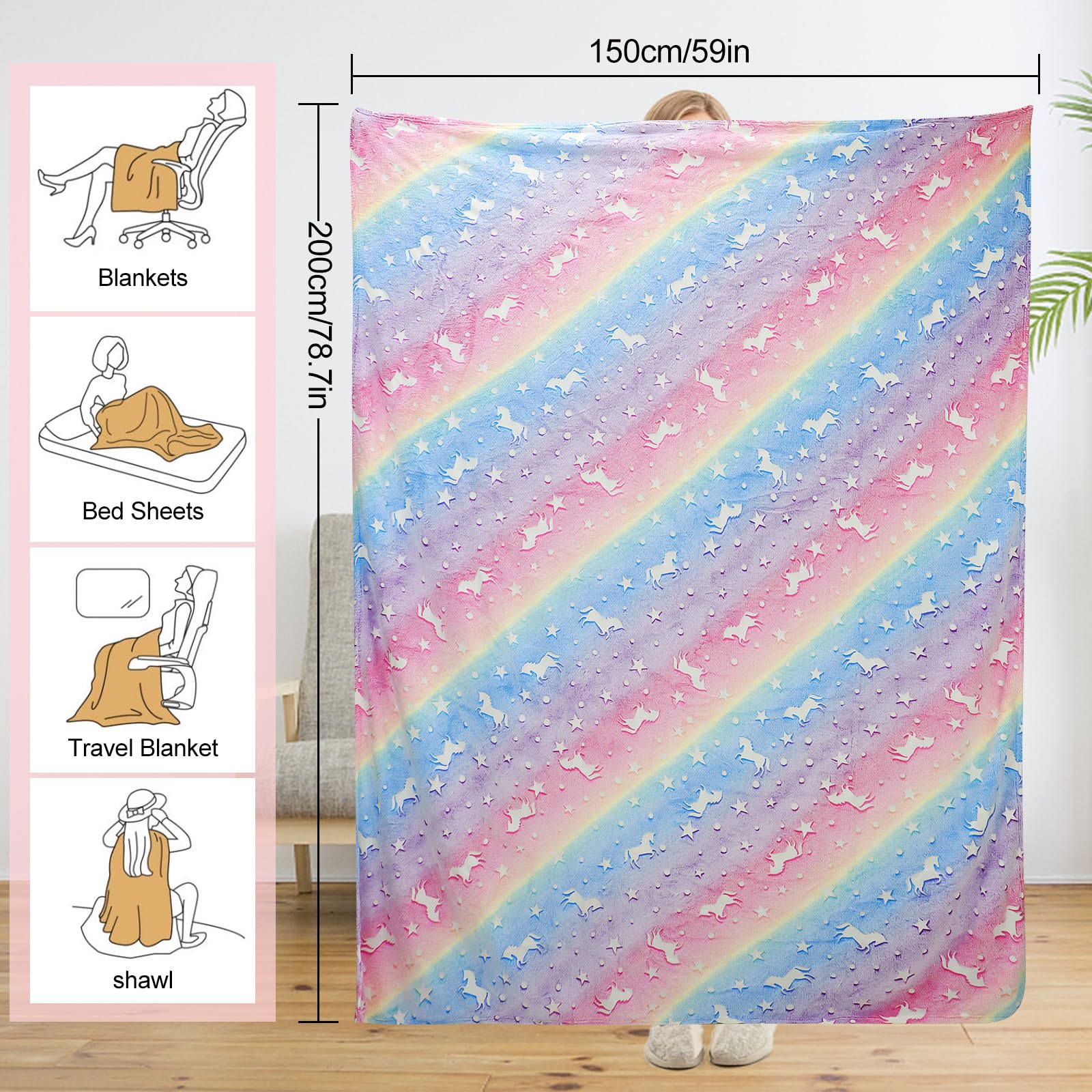 LXTOPN Coperta Luminosa al buio, coperta con unicorno per bambini e adulti, 150 x 200 cm morbida coperta in flanella per per ragazzi e ragazze, divano (gradiente, 150 x 200 cm)