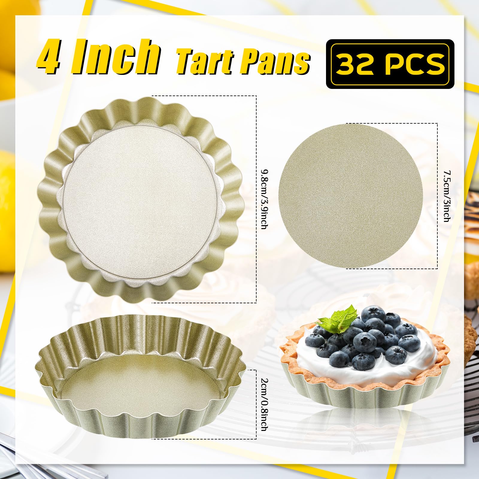 Uiifan Lot de 32 mini moules à tartelettes avec fond amovible rond antiadhésif, moule à quiche, mini moules à tarte, mini moules à tarte, moules à tarte côté cannelé pour mousse, gâteau, dessert