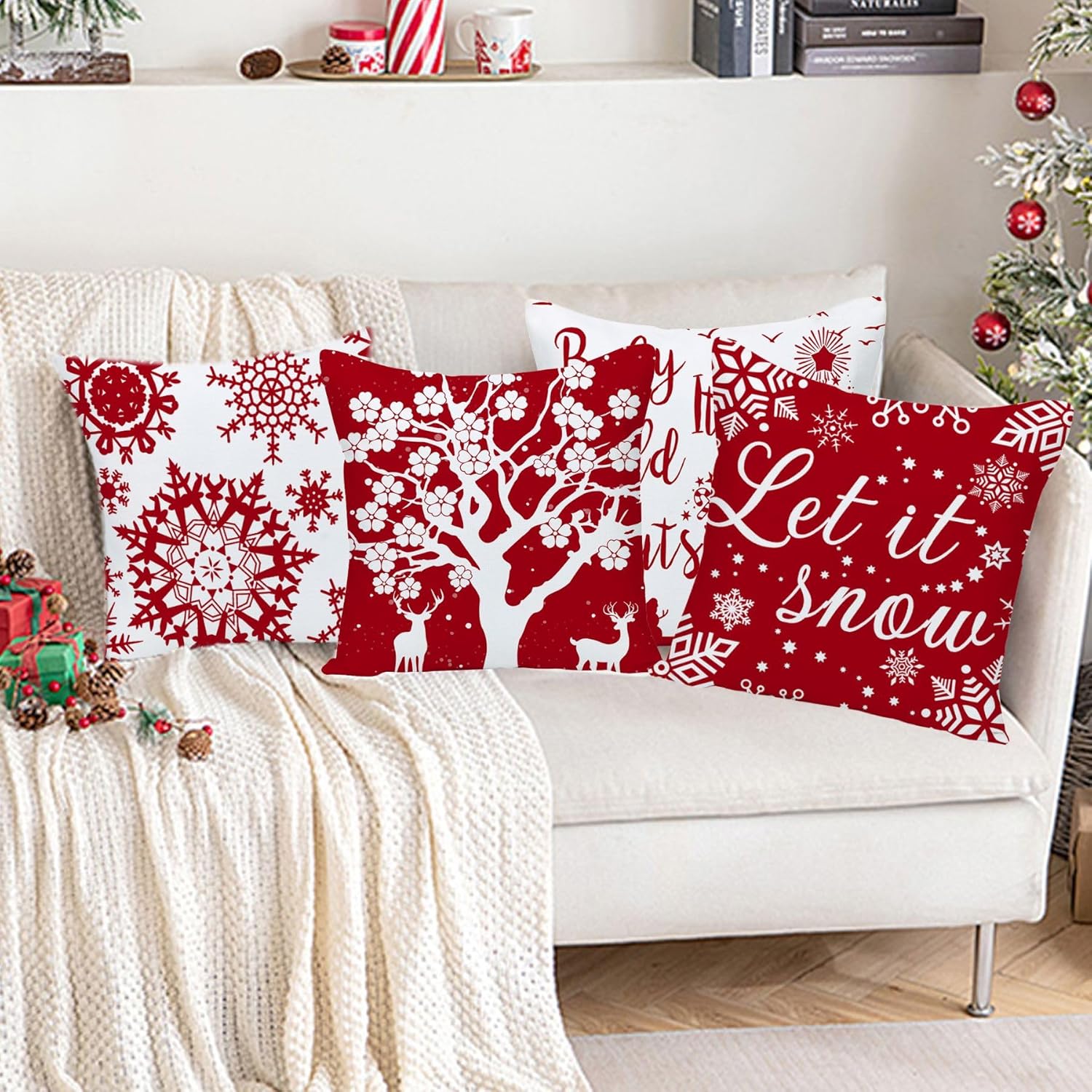 22x22 Christmas Pillow Covers Happy Winter Snowflakes Let It Snow Deer Soft Velvet Baby It's Cold Outside Decorative Throw Cushion Cases for Sofa Farmhouse Couch Square 22 Inch Set of 4