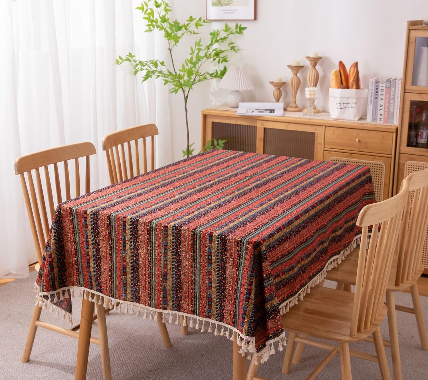 Boho Striped Rectangle Tablecloth for Rectangular Tables 55 x 71 Inch Farmhouse Tassel Decorative Table Cloth Dust Proof Table Cover for Kitchen Dining Picnic Holiday (Red,55"x71")