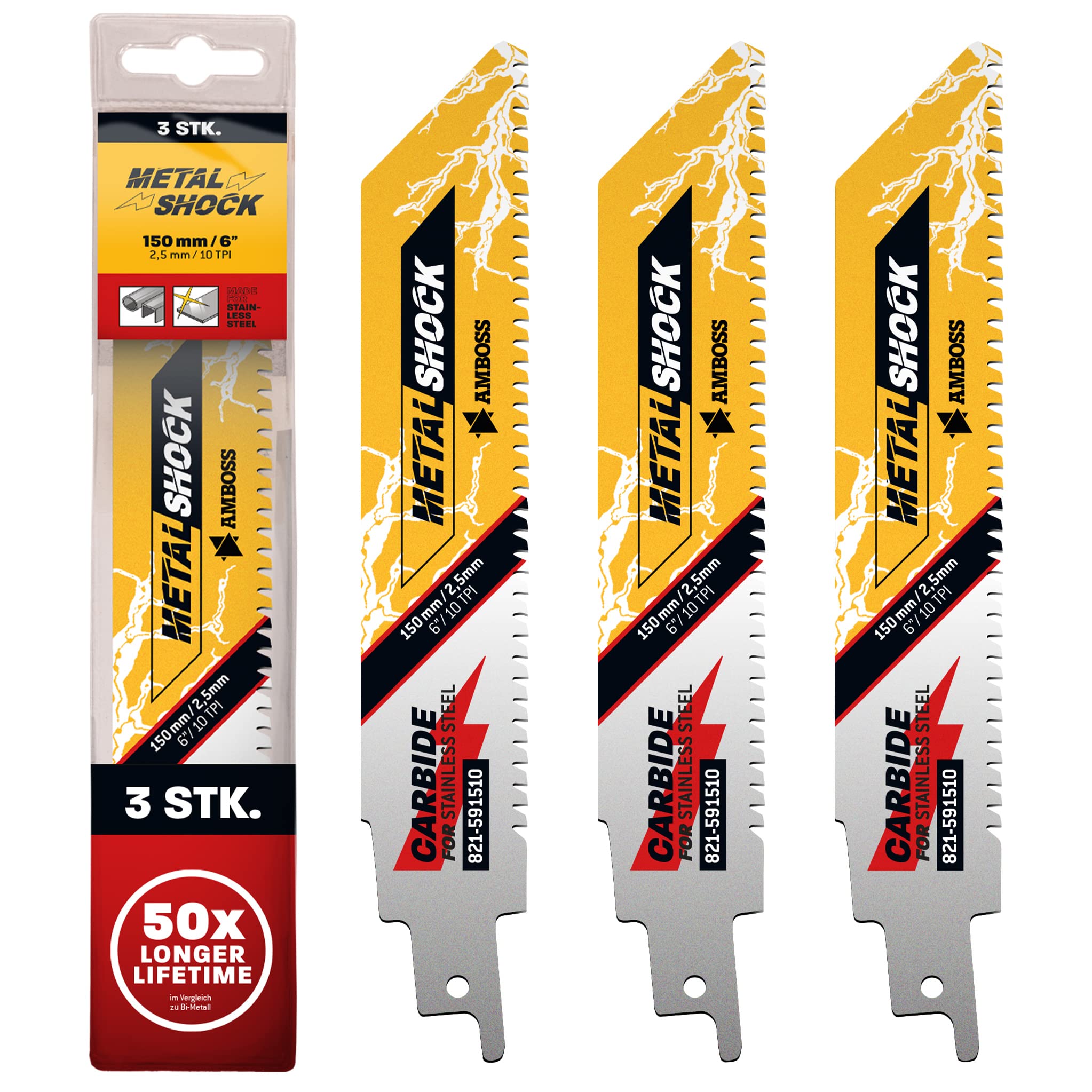 AMBOSS METAL SHOCK - 3 x brzeszczot do piły szablastej długość 150 mm / 10 ZpZ - idealny do odrywania/ montażu / demontażu/budowy rur - nadaje się do stali nierdzewnej oraz stali (rury/profile/nośniki) oraz rur żeliwnych
