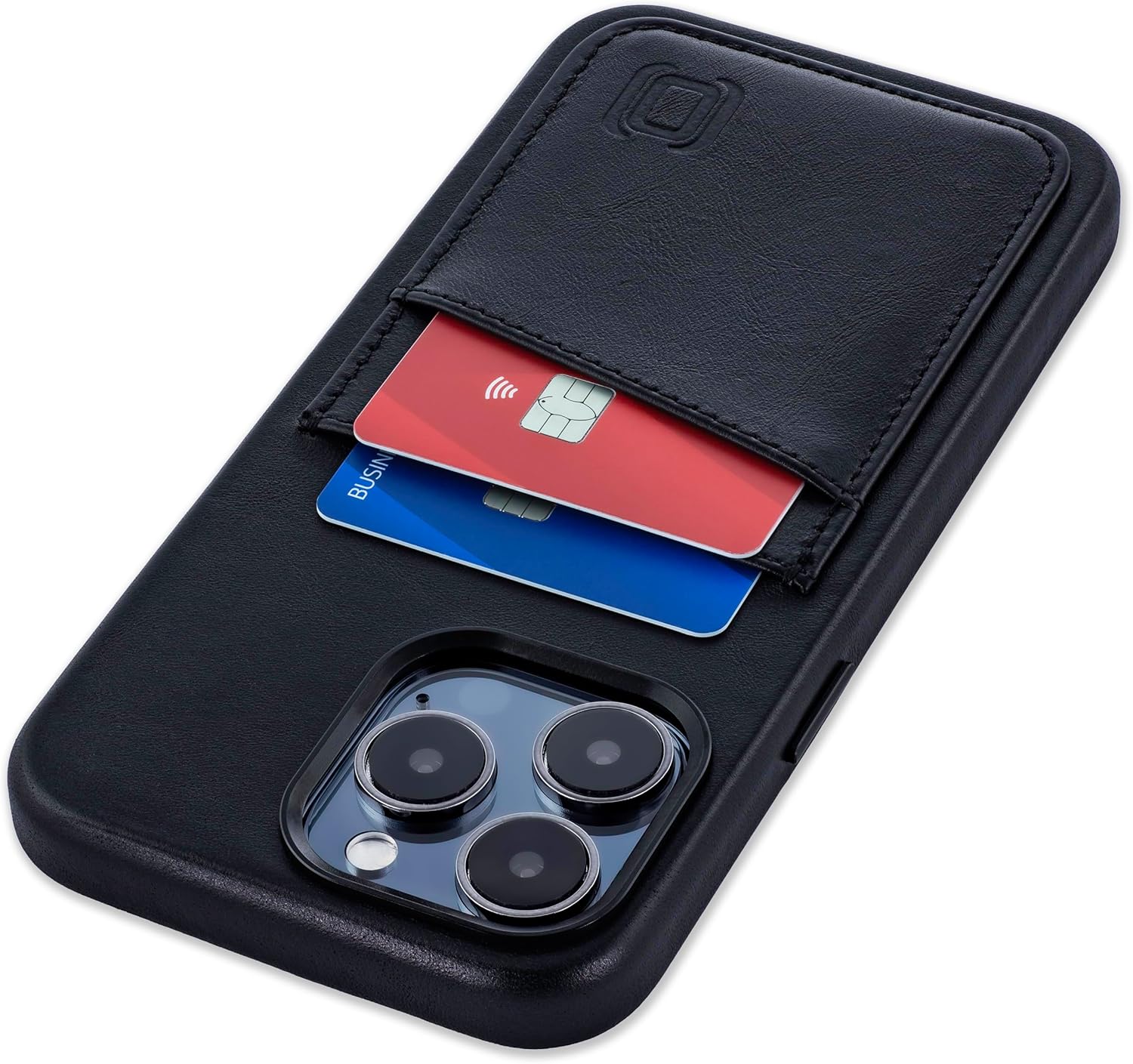 Dockem Genuine Leather Card Case for iPhone 15 Pro Max with Built-in Metal Plate for Magnetic Mounting, Stitched-on Wallet with 2 Credit Card Pockets (Black, M2GL)