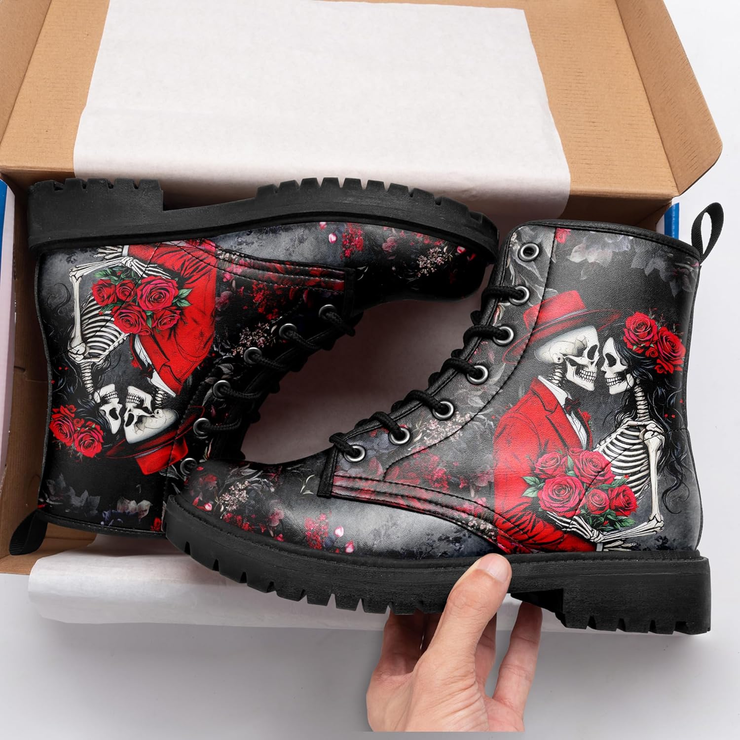 Gothic Combat Boots, Skull & Roses Lace-Up Ankle Boots for Men Women Hiking Work Punk Platform Booties