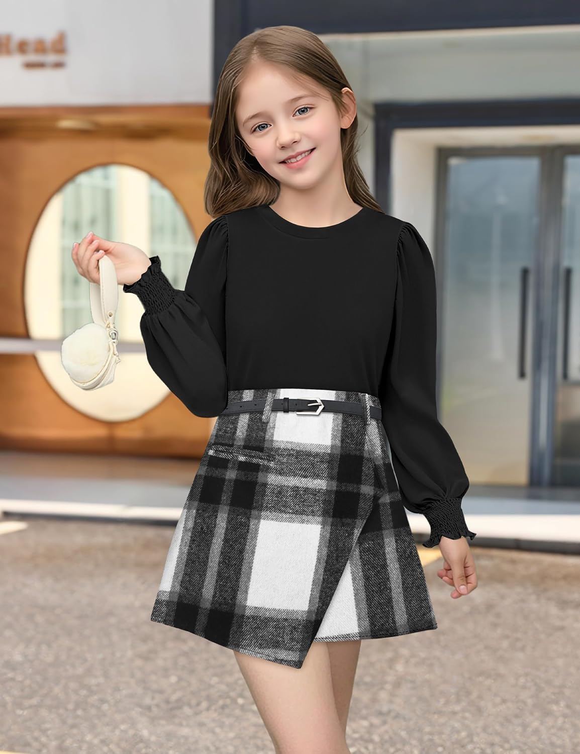 AGAPENG Girl Skirt Sets Smocked Cuffed Fall Outfits Puff Sleeve Tops Plaid Skirt Shorts Adjustable Belt Winter Clothes