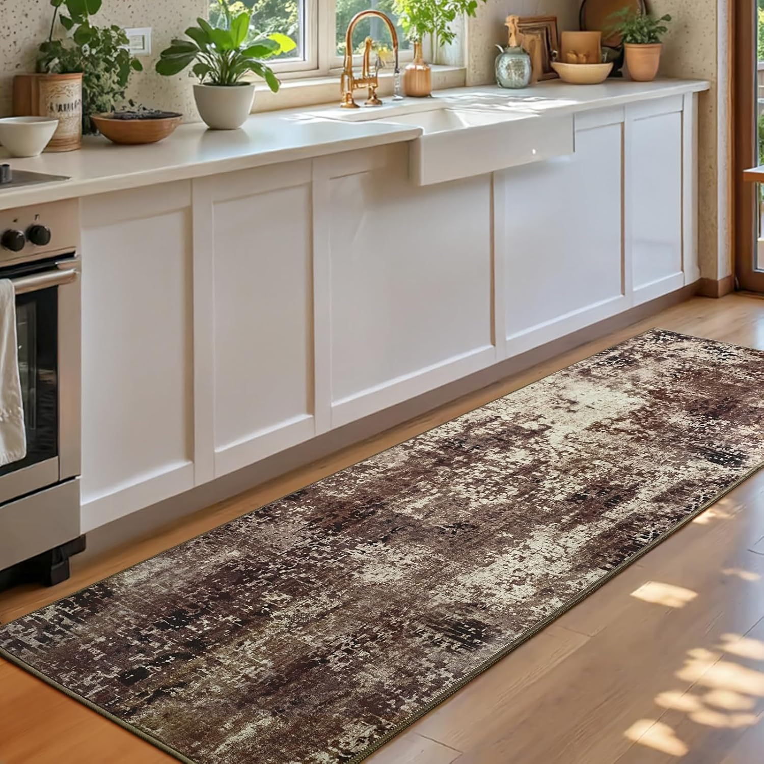 runner rug for kitchen coffee hallways runner rug non slip 2'6''x8' washable brown long runner rugs with rubber backing soft abstract carpet runner for entryway, kitchen, bedroom, bathroom 2'6" x 8' (runner) brown