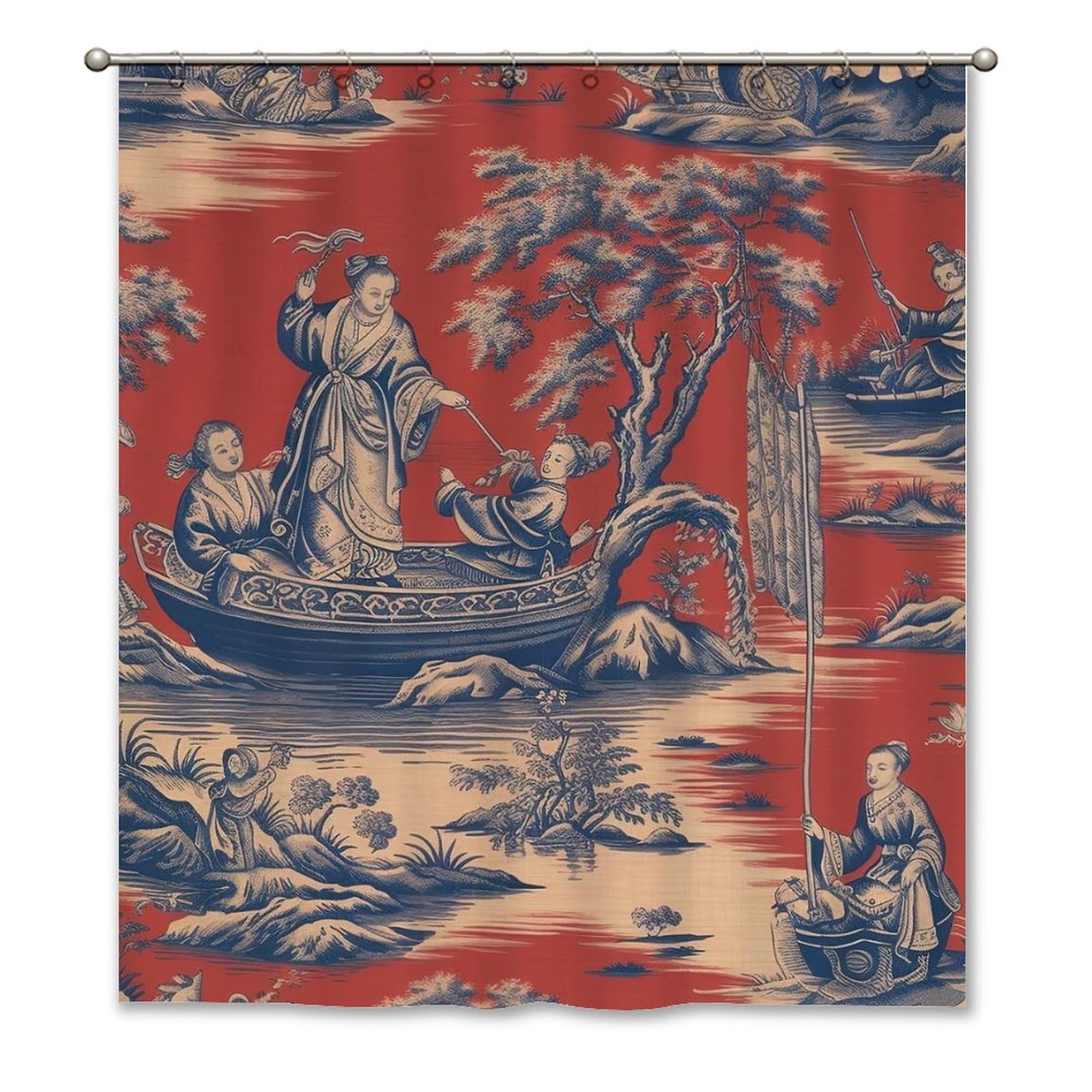 Guangpat Men's Style-12 Chinoiserie Style Red Navy Toile Shower Curtains For Bathroom 60X72in Asian Royal Dynasty Shower Curtains Modern Shower Curtainpolyester Fabric Bath Curtains Set With Hooks