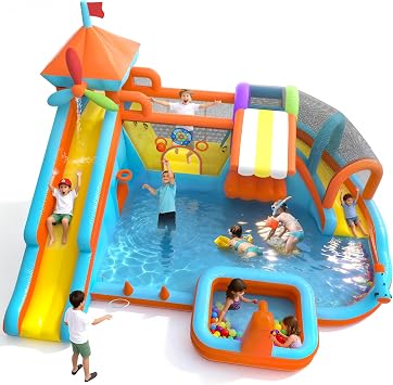 12 in 1 Double Water Slide Bounce House for Big Kids | Water Bounce House with 750W Blower, Toy Stand, Water Gun, Splash Pool, Climbing Wall, Basketball Hoop, Outdoor Backyard