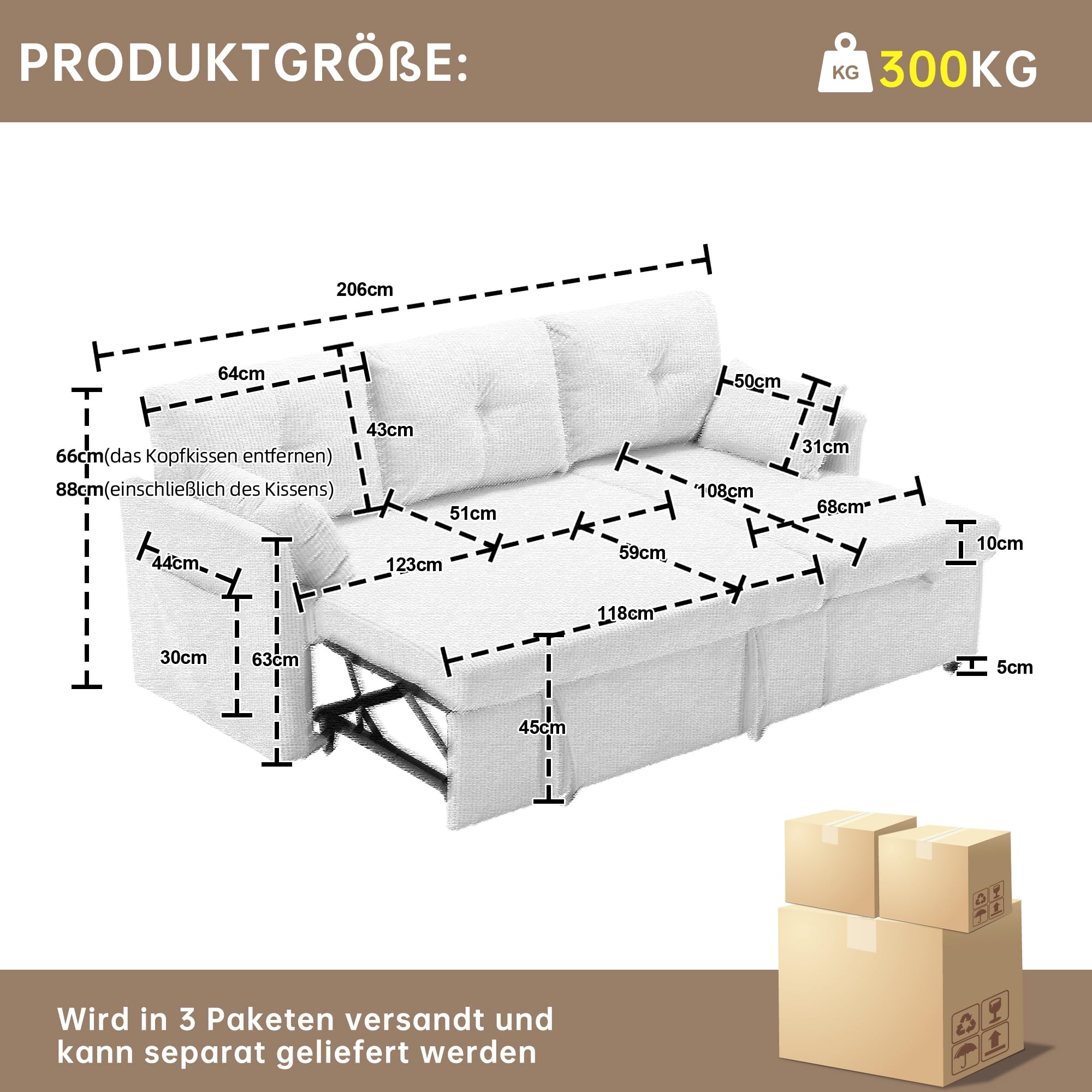 Divano letto modulare a 3 posti con vano portaoggetti – Divano in velluto a coste con funzione sleep & lettino estraibile | Divano letto a forma di L per soggiorno | Divano letto con contenitore