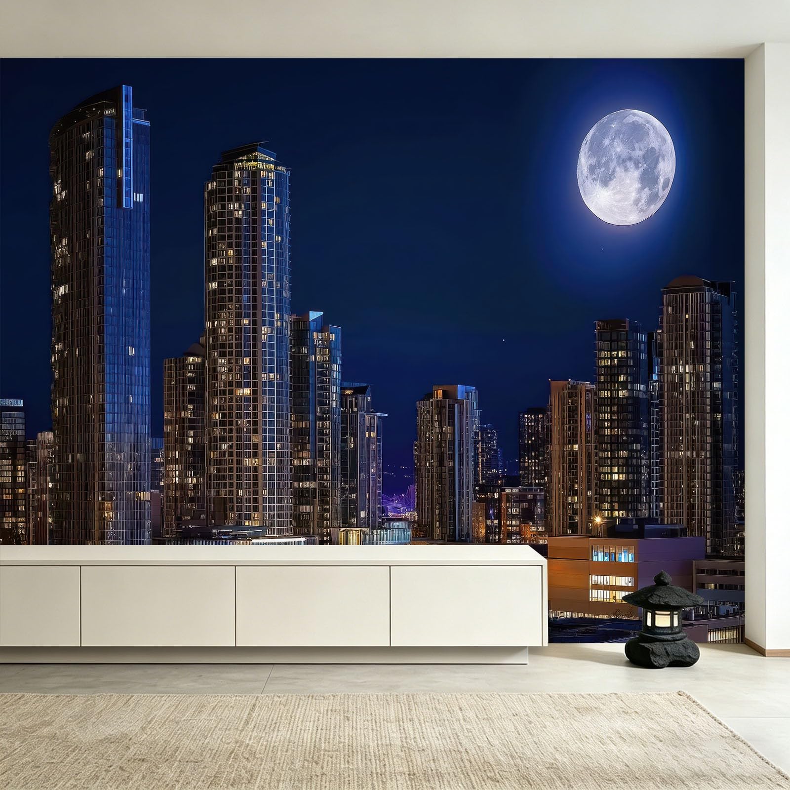 Tapeta fototapeta miasto księżyc noc scena 400 x 280 cm (szer. x wys.) fototapeta 3D włóknina fototapeta nowoczesna fotografia, do salonu TV funkcja ściany sypialni i kuchni dekoracje murale