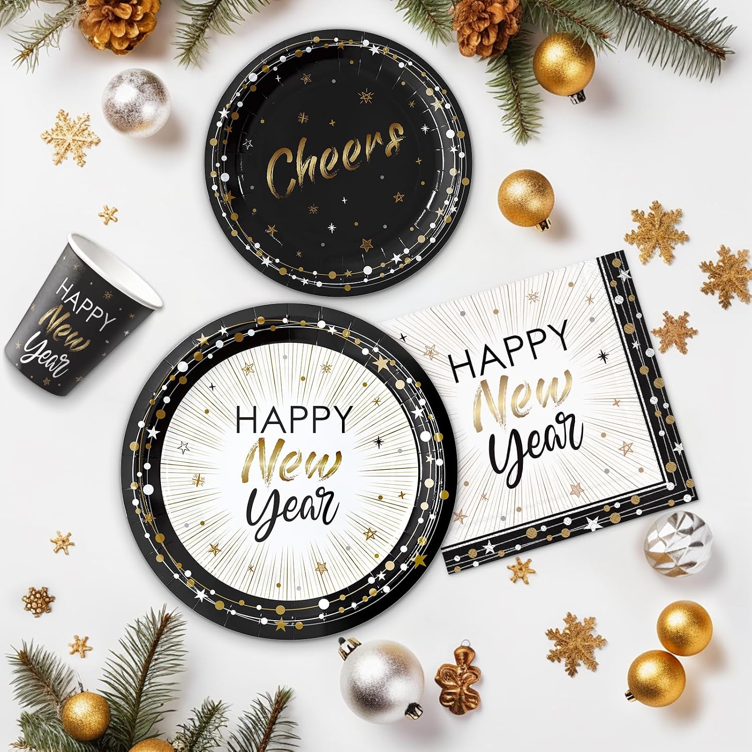 100 New Year's Party Paper Plates Napkins Cups Set Black Gold Disposable Dinnerware Set Serve 25