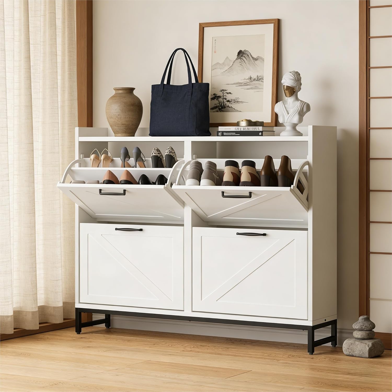 knoworld Shoe Storage Cabinet with 4 Flip Drawers,9" Narrow Shoe Cabinet for Entryway with Lron Base,Modern Minimalist Style Shoe Rack Suitable for Corridors,Foyers