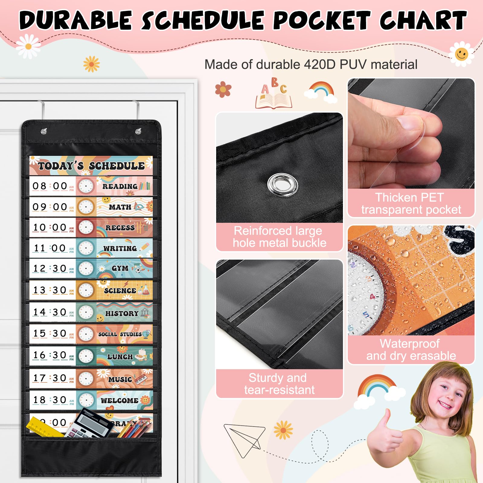 Pocket Chart Retro Daily Schedule - 13+1 Pockets With Cards For Classroom  Kids Routine Planner, image size:1600x1600