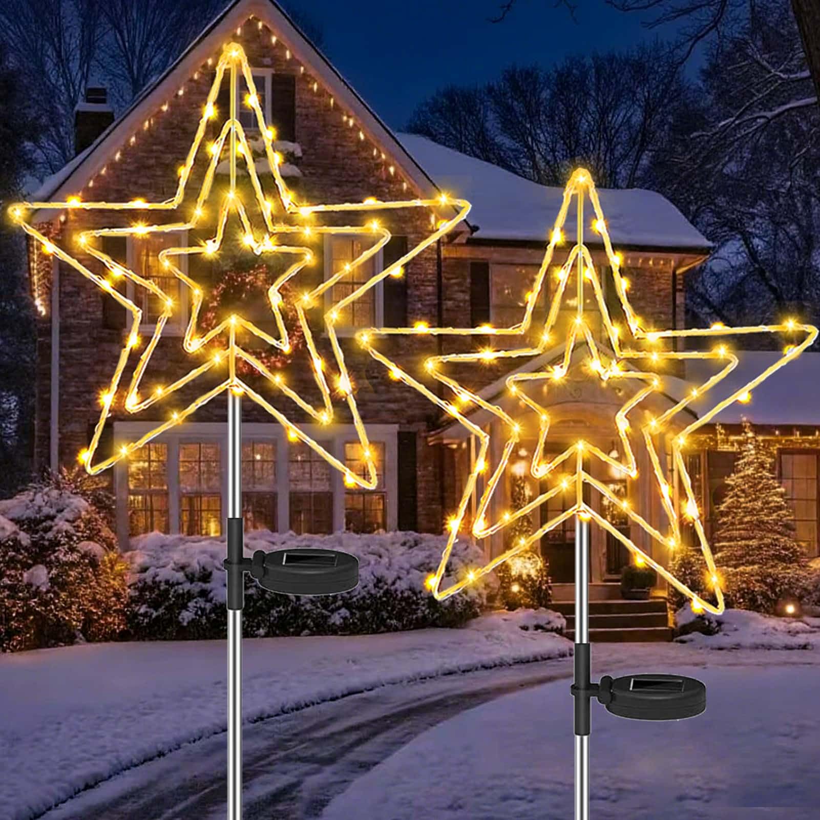 Set 2 Decorazioni Giardino In Metallo A Stella Con Picchetto - 81 Cm E 63 Cm - Effetto Ruggine Per Natale