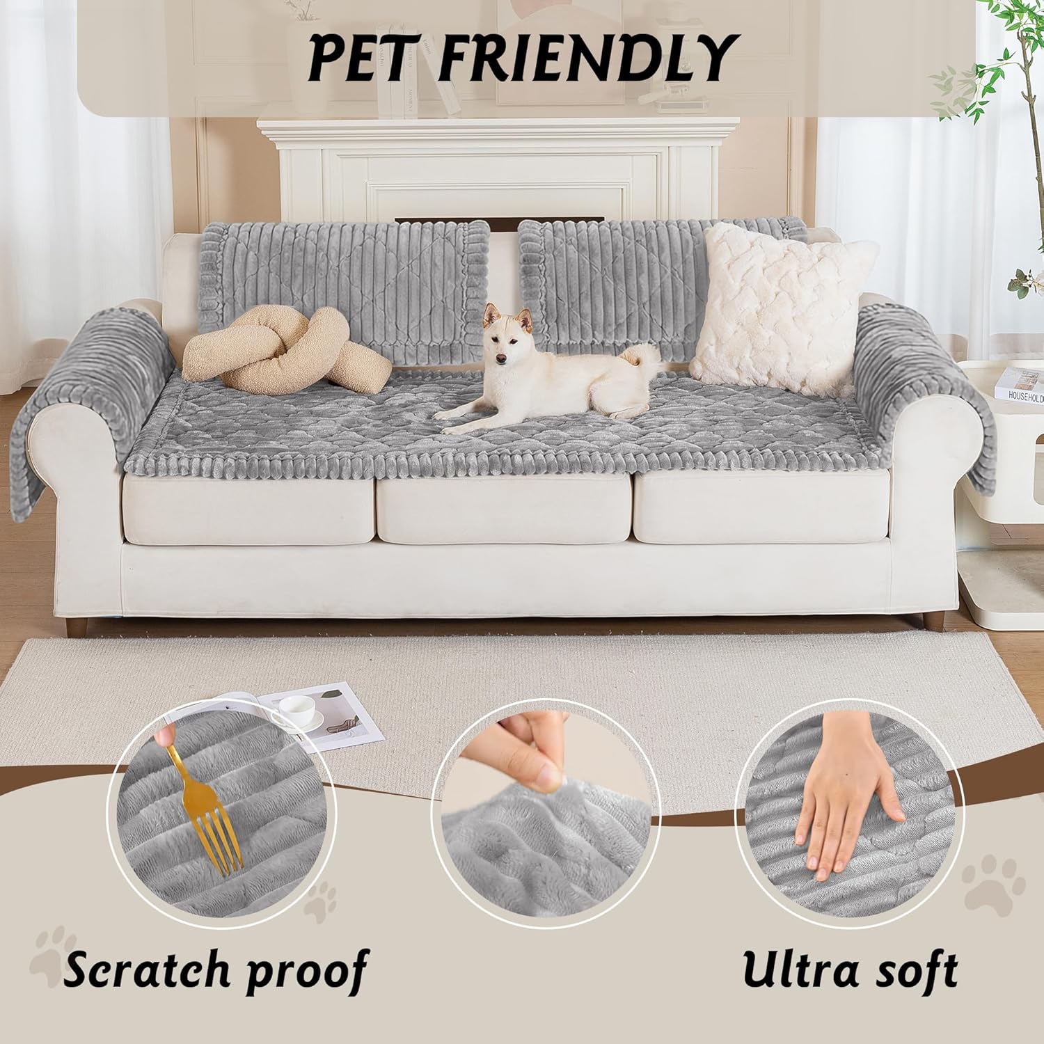 PuTian 100% Waterproof Fuzzy Couch Cover for Dogs Washable Non-Slip Couch Protector Pet Friendly Dog Mat for Couches and Sofas - 27.6''X59'' 70cmX150cm Light Grey