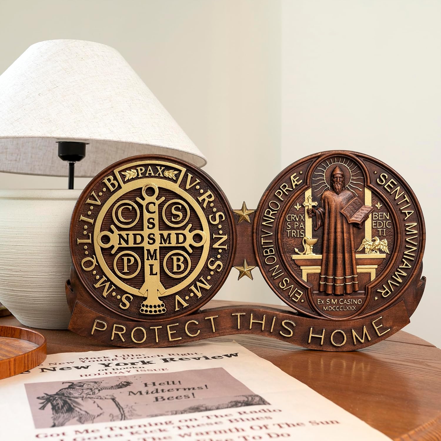 bgcarpenter Saint Benedict Wall Decor Protect This Home, Wooden St Benedict Medal Plaque Wall Art, Handmade Wall Hanging Sign, Religious Wall Plaque for Living Room Kitchen Bedroom - 12 Inch - Image 7