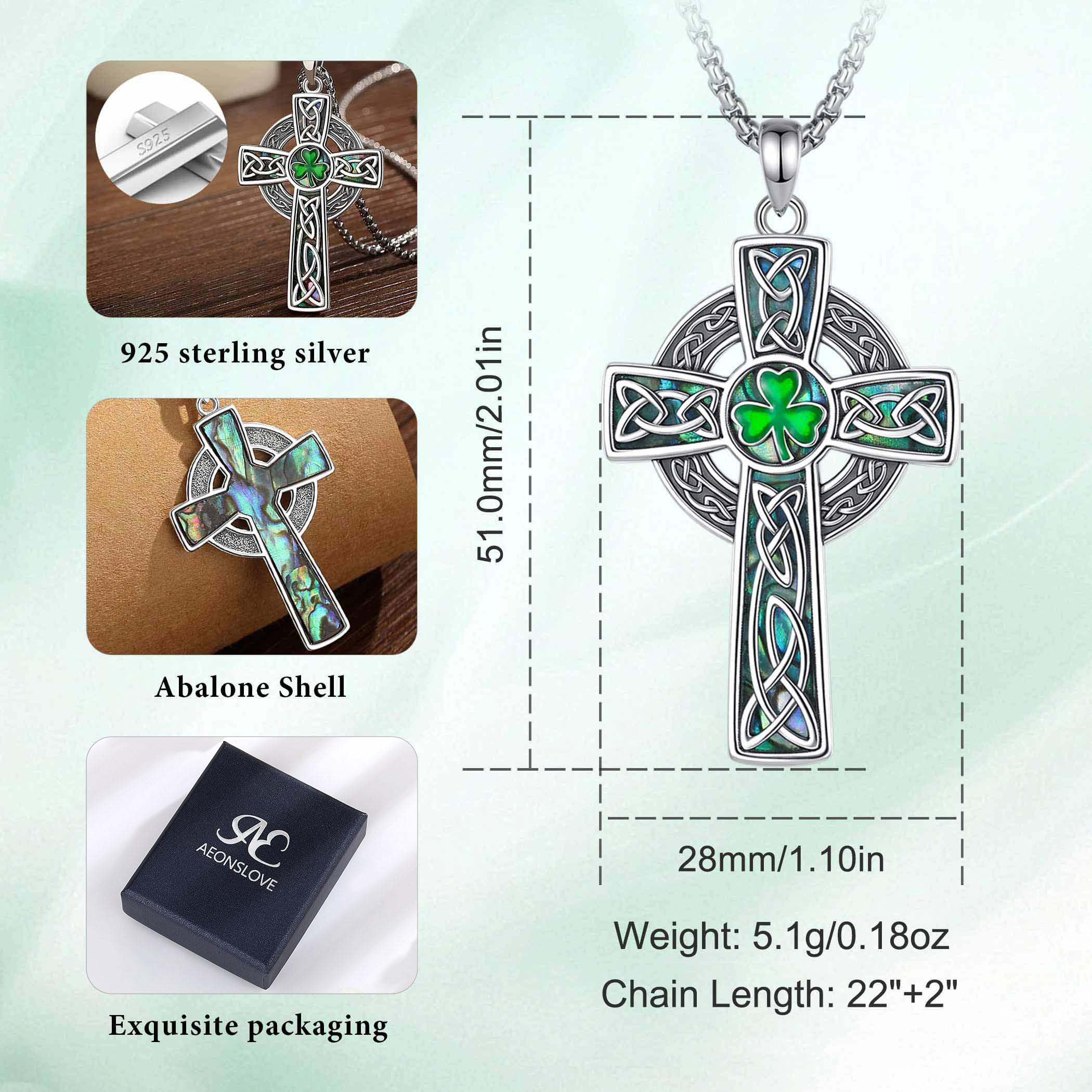 AEONSLOVE Collana Croce Celtica per Donna Uomo, Ciondolo Nodo Celtico Irlandese Argento 925 Gioielli Irlandesi con Claddagh Quadrifoglio