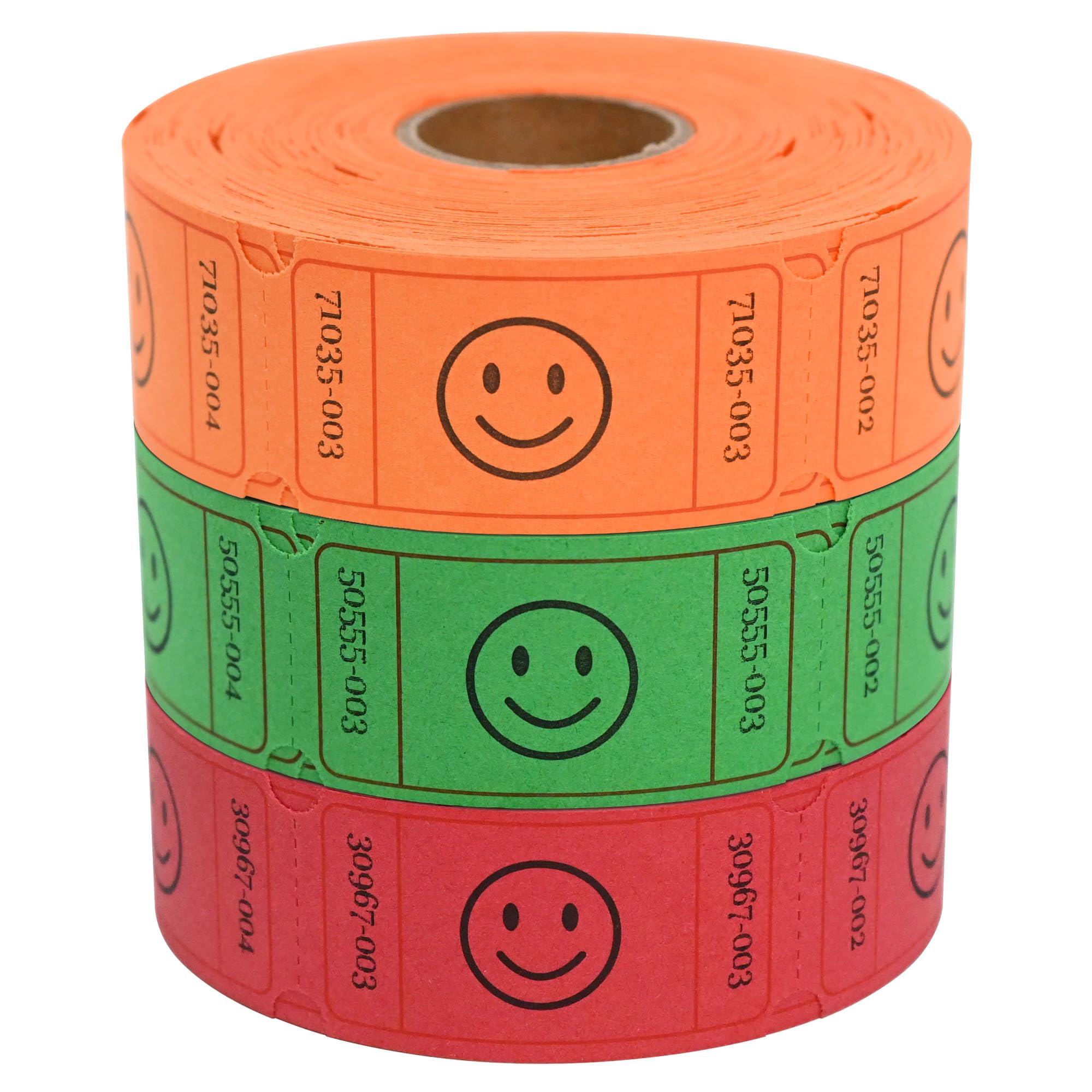 L Liked 1500 Rollos de boletos de rifa, 3 Colores Surtidos, boleto Sonriente de 1 x 2 Pulgadas para Eventos, Entrada, recompensa de Clase, Fiestas, Regalos y premios (Rojo, Naranja, Verde)