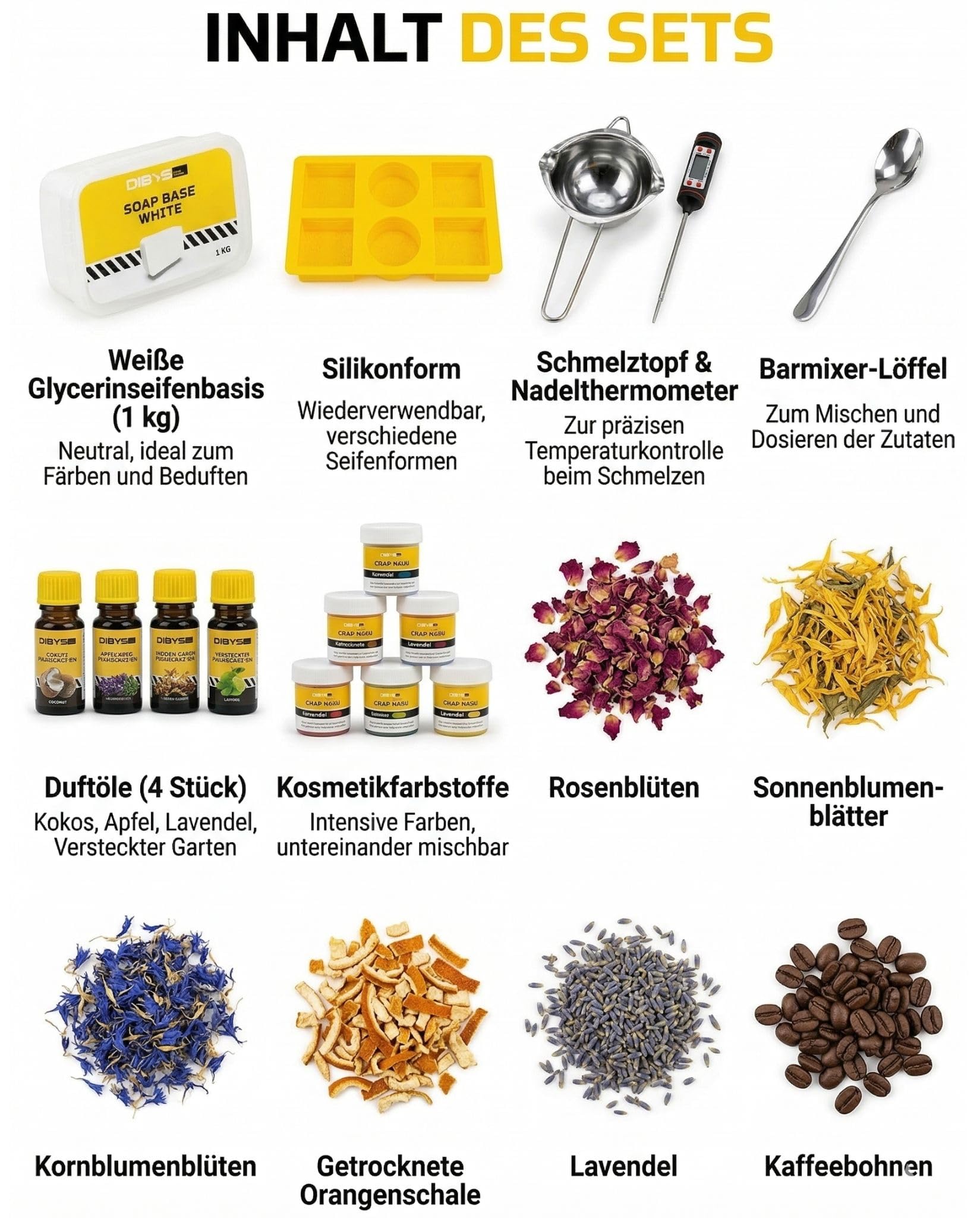 DIBYS Seife zum Selber Machen Set – DIY Seifen Set für Erwachsene mit Glycerinseife ohne SLS, Duftölen, Farben & Silikonform – Kreatives Bastelset & Besonder Geschenkidee Familie und Freunde