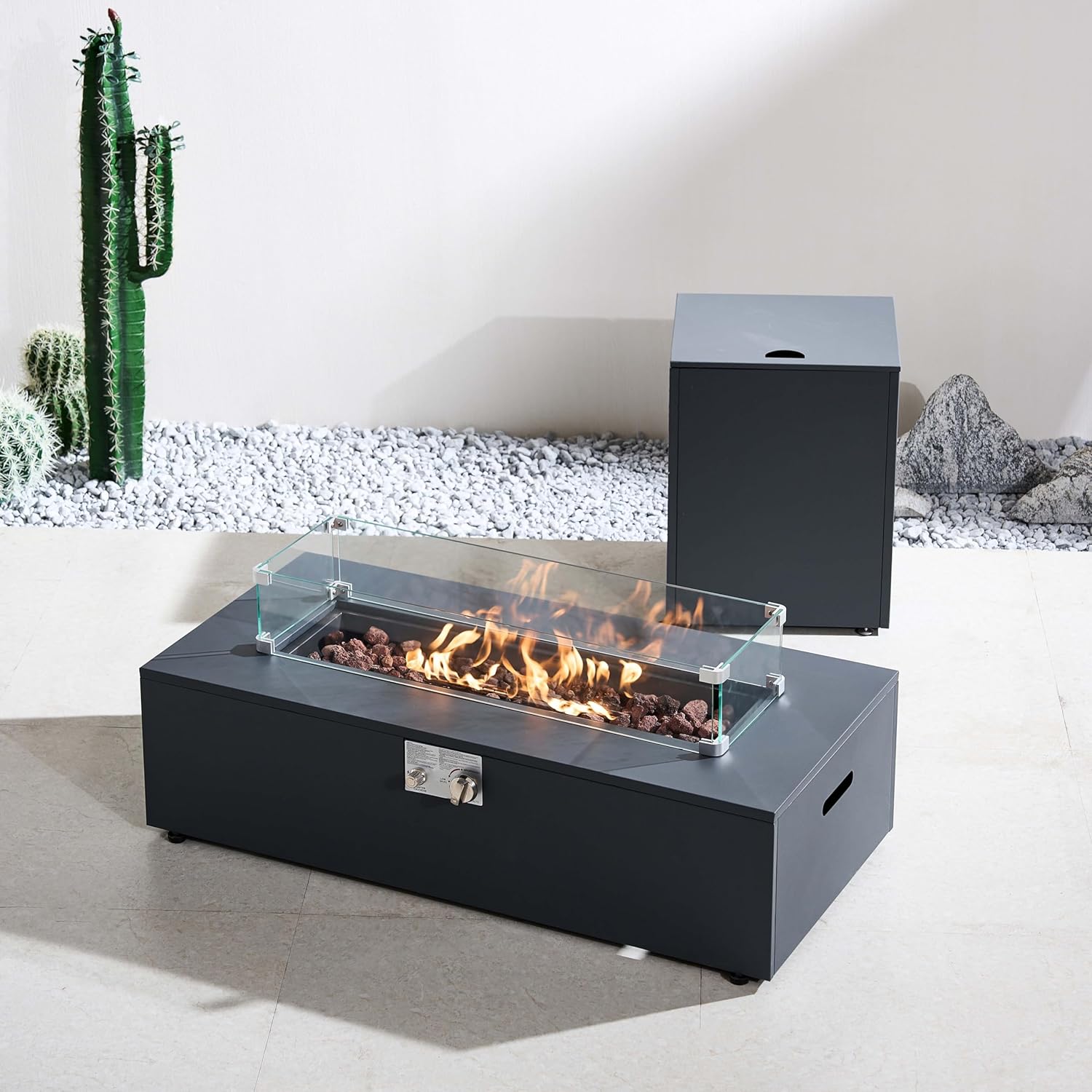 42" Iron Fire Pit Table with Side Table Outdoor Patio Heater with Windproof Glass Shield & Rain Cover