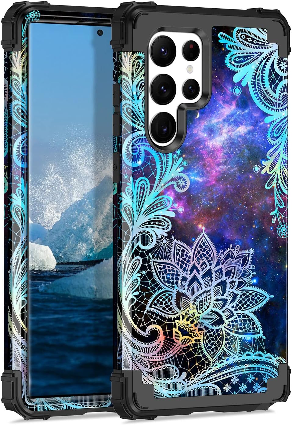 Casetego Compatible with Galaxy S22 Ultra 5G Case,Floral Three Layer Heavy Duty Sturdy Shockproof Full Body Protective Cover Case for Samsung Galaxy S22 Ultra 5G,Blue Mandala