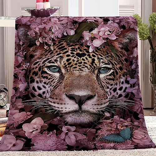 Fleece Throw Blankets 60" x 80", Soft Flannel Cozy Blankets - Pink Floral Cheetah Pattern for Kid Adults, Washable Lightweight Fuzzy Throw Blanket