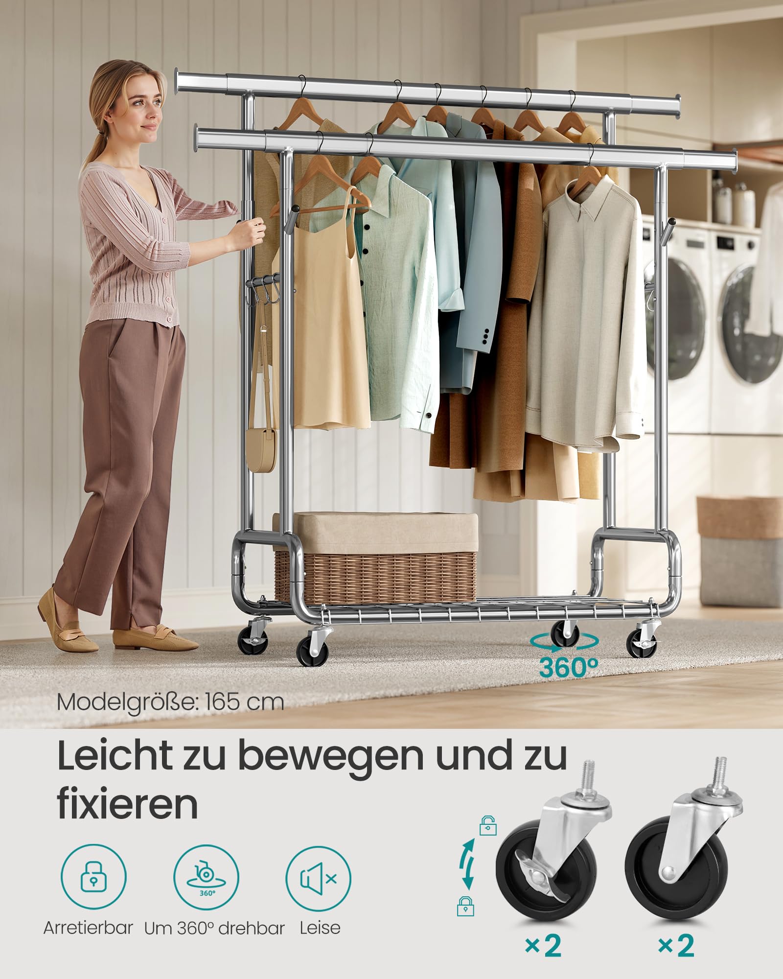 SONGMICS Kleiderständer, Schwerlast-Garderobenständer, auf Rollen, 2 ausziehbare Kleiderstangen, verstellbare Höhe, mit Ablage, Haken, silbern HSR015E01