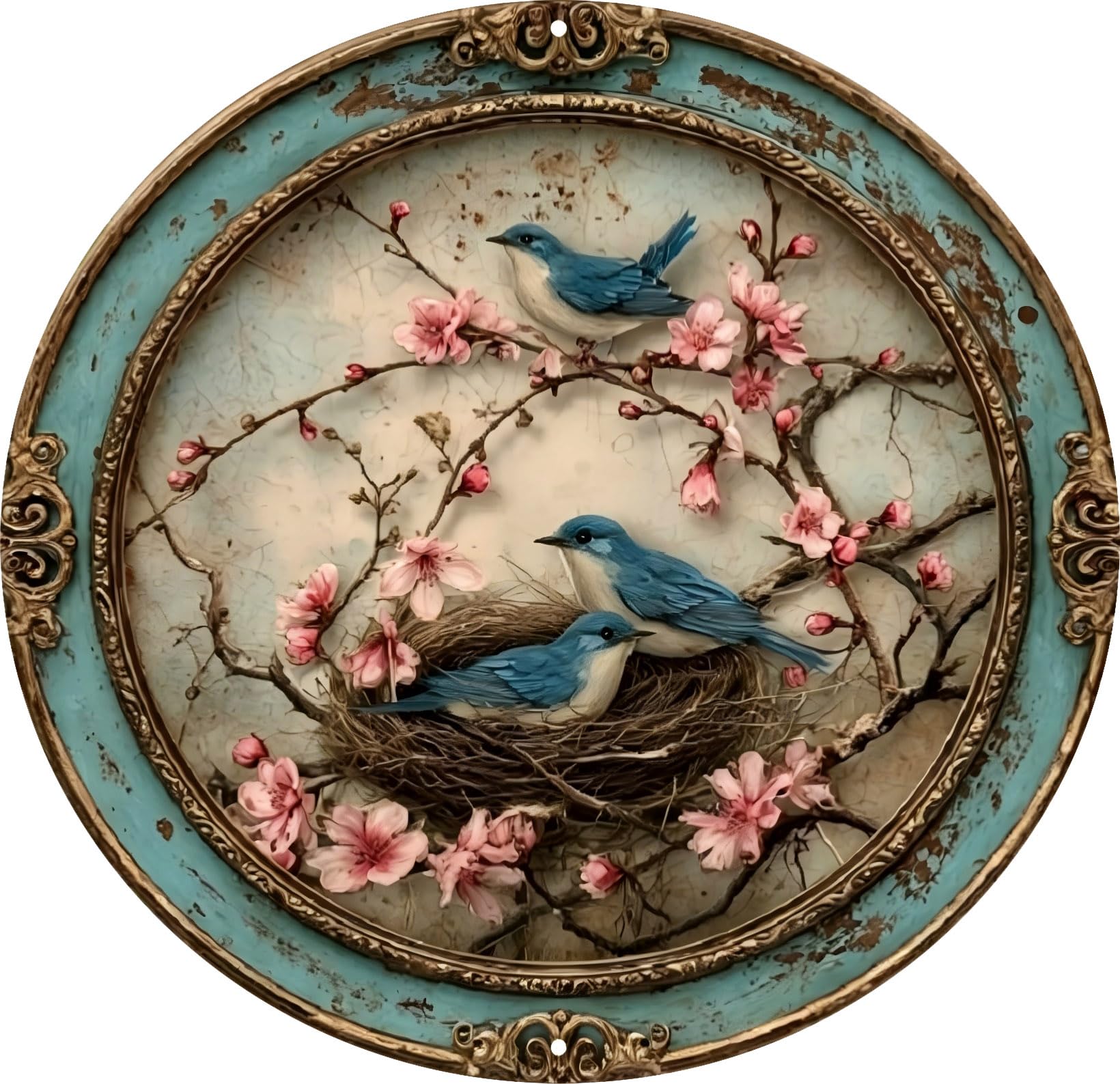 Retro Round Bird Tin Sign, 20x20cm Circular Flower Metal Wall Art Plaque, Vintage Decorative Iron Poster for Home Kitchen Bar Cafe Pub Club, Rustic Wall Decor (bird)