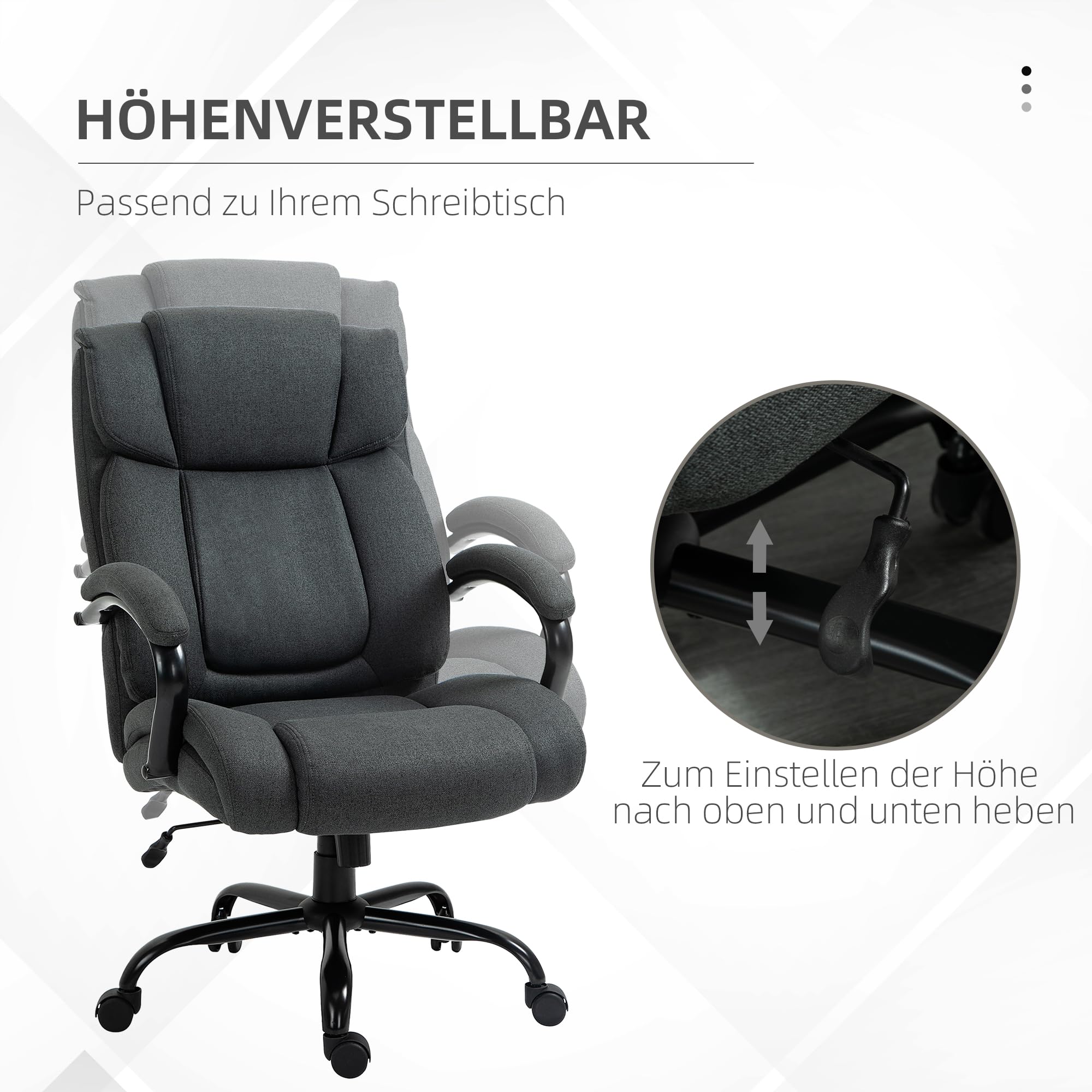 Vinsetto Bürostuhl, Ergonomischer Chefsessel bis 220 kg belastbar, Gepolsterter Schreibtischstuhl mit Armlehne, breit Sitz, Höhenverstellbarer Drehstuhl mit Wippfunktion, Leinenoptik, Dunkelgrau