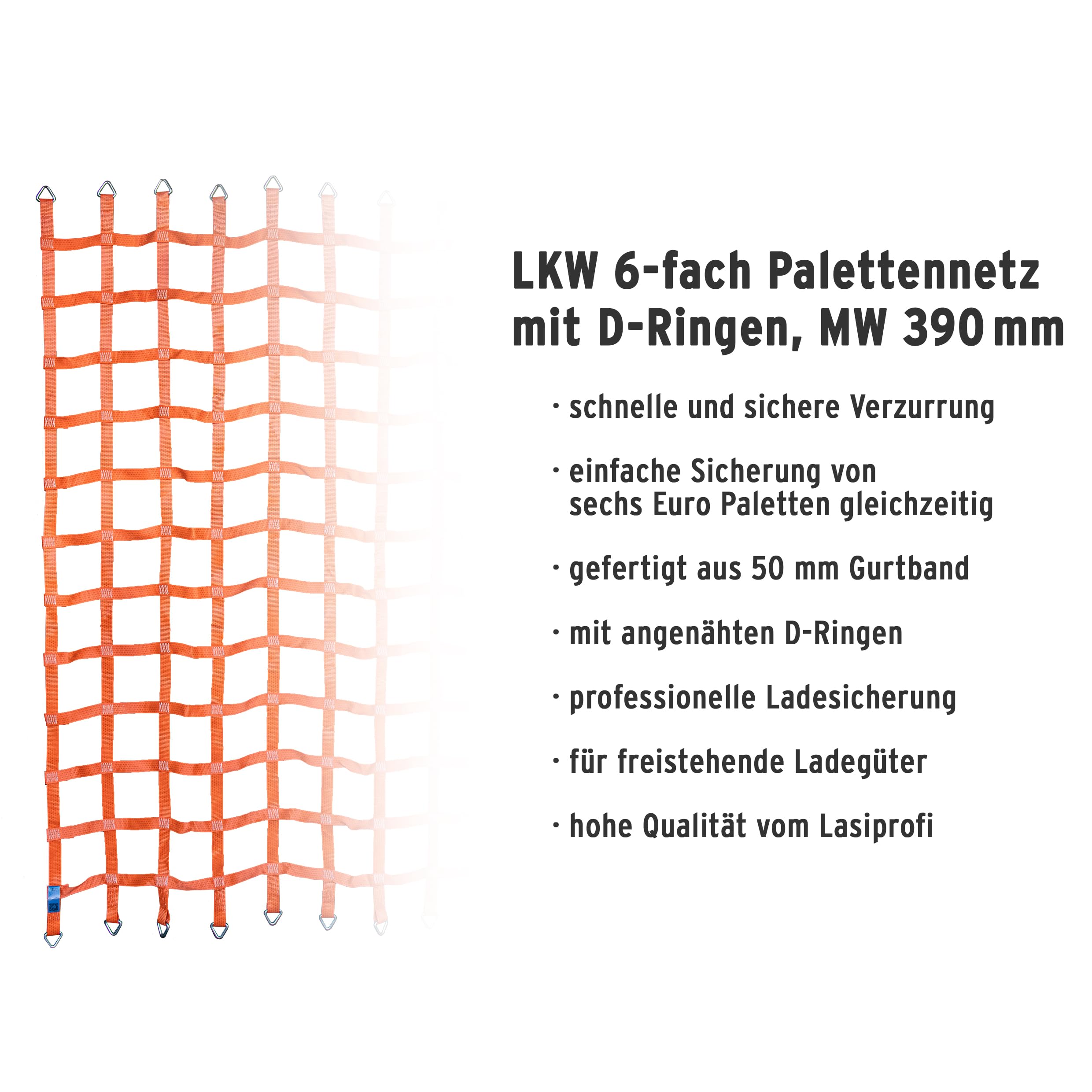 Gurtbandnetz 50mm, Ladungssicherungsnetz 2690 x 2690 mm für LKW und Anhänger, orange mit D-Ringen für 6 Paletten gleichzeitig | Ladungssicherung | Niederzurren (Maschenweite 390 x 390 mm)