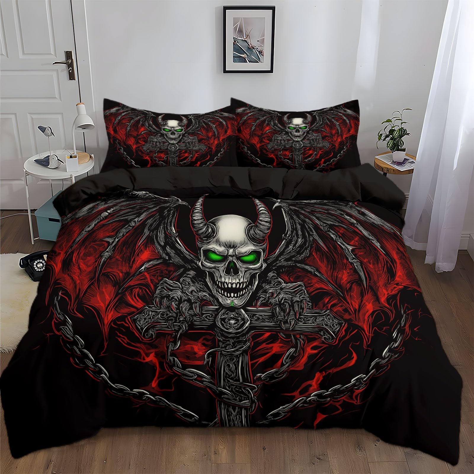Duvet Cover Twin Size Black Skull Dragon Wings Iron Chain Bedding Duvet Cover Set Room Decor Bedspread Cover Comforter Cover for Kids Teens, Quilt Cover 3D Bedding Set