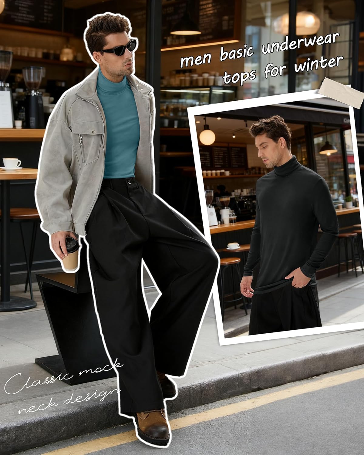 Neer 5 Packs Mens Big and Tall Long Sleeve Shirts Turtleneck Thermal Tops Casual Basic Tees Lightweight Pullover Undershirt