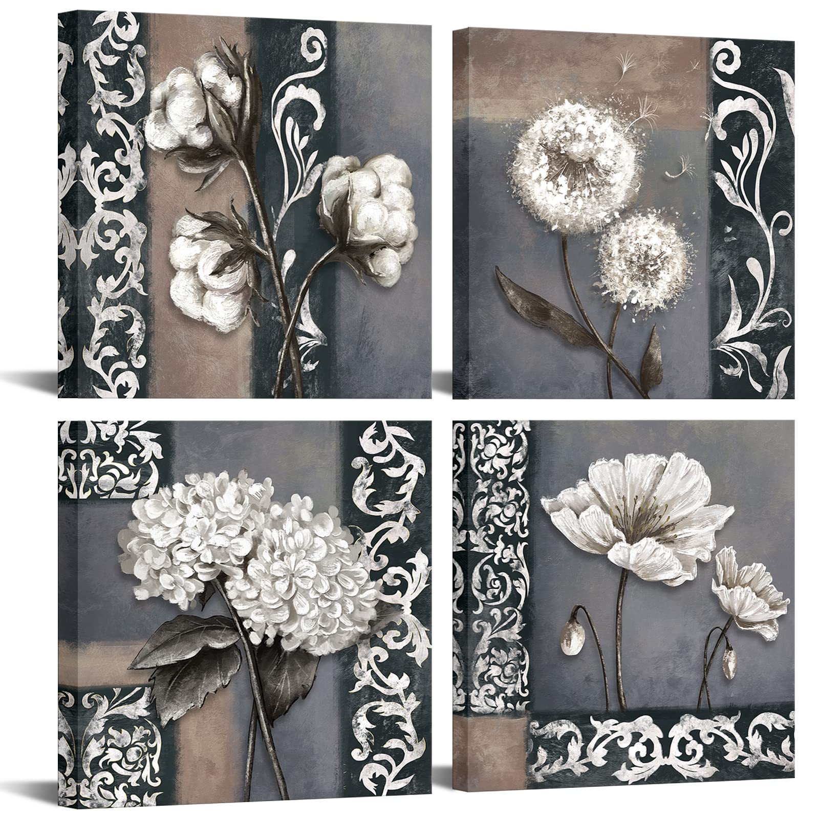 Zlove Grey and White Bathroom Pictures Vintage Dandelion Cotton Hydrangea Painting Pictures Prints