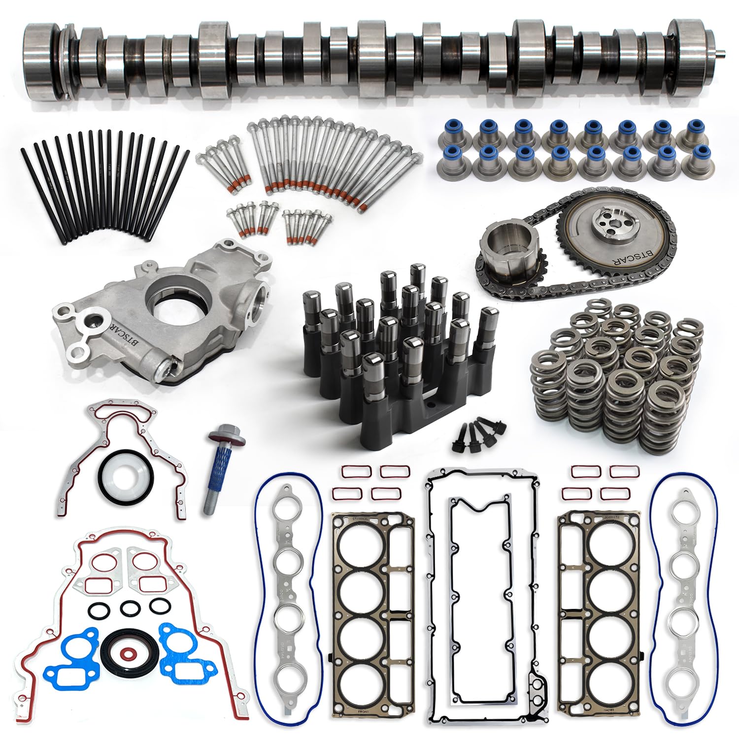 E1840P Stage 2 Camshaft Kit with Lifters| Head Gaskets | Springs | Pushrods | Seals | Bolts Set | Oil Pumps | Chain Compatible with 1997-2006 LS 4.8/5.3/5.7/6.0 GMC Chevrolet Sierra Tahoe