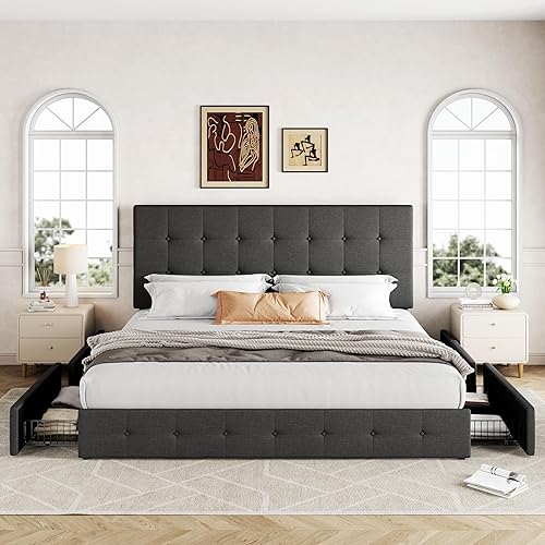 Miniatura 3 de Allewie - Base de cama con plataforma de tamaño King, tapizada, con 4 cajones de almacenamiento y cabecera, diseño cosido en cuadrados con botones,