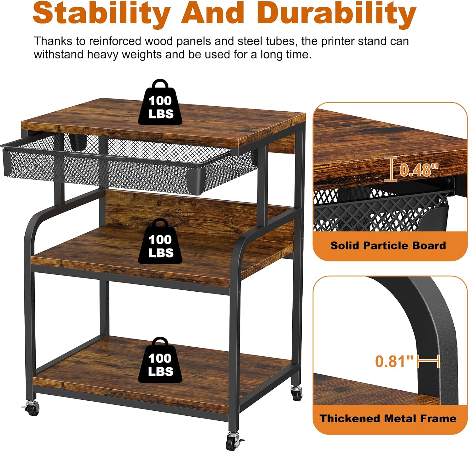 EasyCom 23.6''x18.9'' Extra Large Printer Stand with Drawer, 5-Adjustable Heights 3 Tier Table with Wheels, Rolling Printer Cart with Storage for Printer Scanner Fax Home Office Use - Image 8