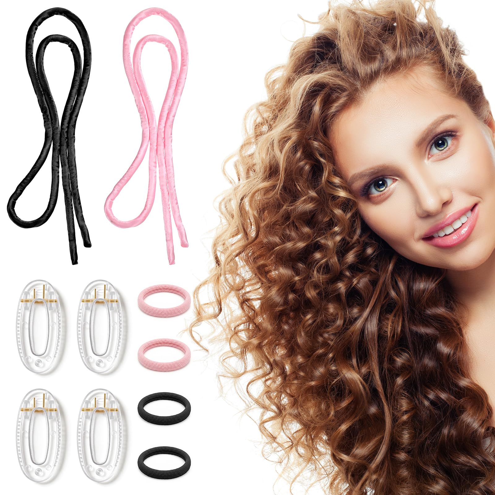 2 Sets Small Heatless Curling Rod, 63 In Thin Heatless Curling Rod,Silk Heatless Curls Overnight, for Short Hair Soft Hair Curlers to Sleep In with Scrunchies Clip for Long Hairs, Black,