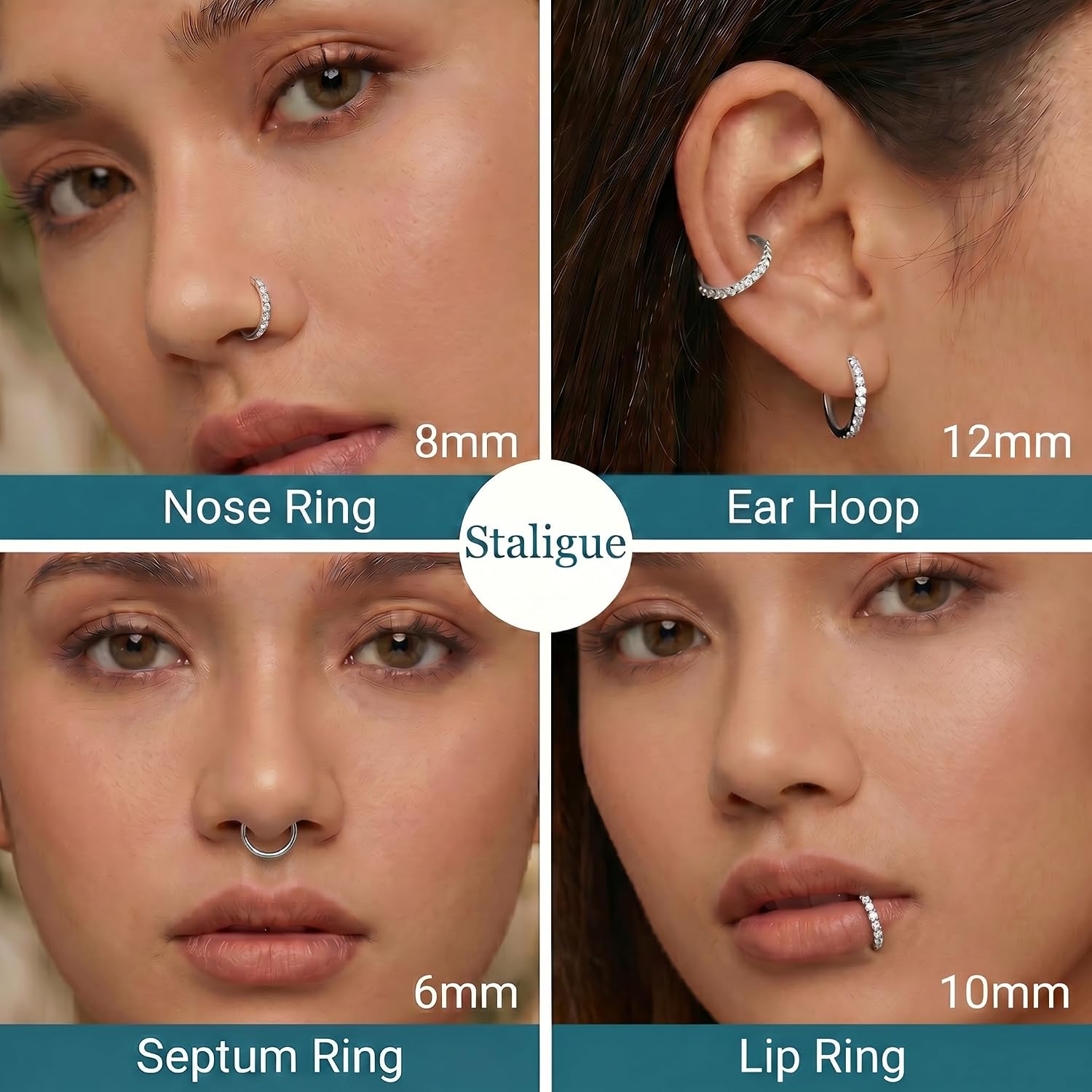 Staligue Nose Hoop ring - 316L Surgical Steel Nose Ring 16/18/20G Hinged Diamond Nose Ring Hoop Septum Clicker Rings Cartilage Earring Helix Rook Tragus Daith Piercing Jewelry for Women 6MM/8MM/10MM/12MM